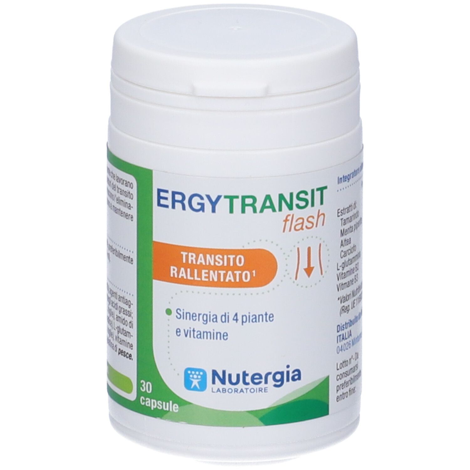 Barattolo bianco con etichetta verde. Scritta: ERGYTRANSIT flash, 30 capsule. Logo Nutergia.