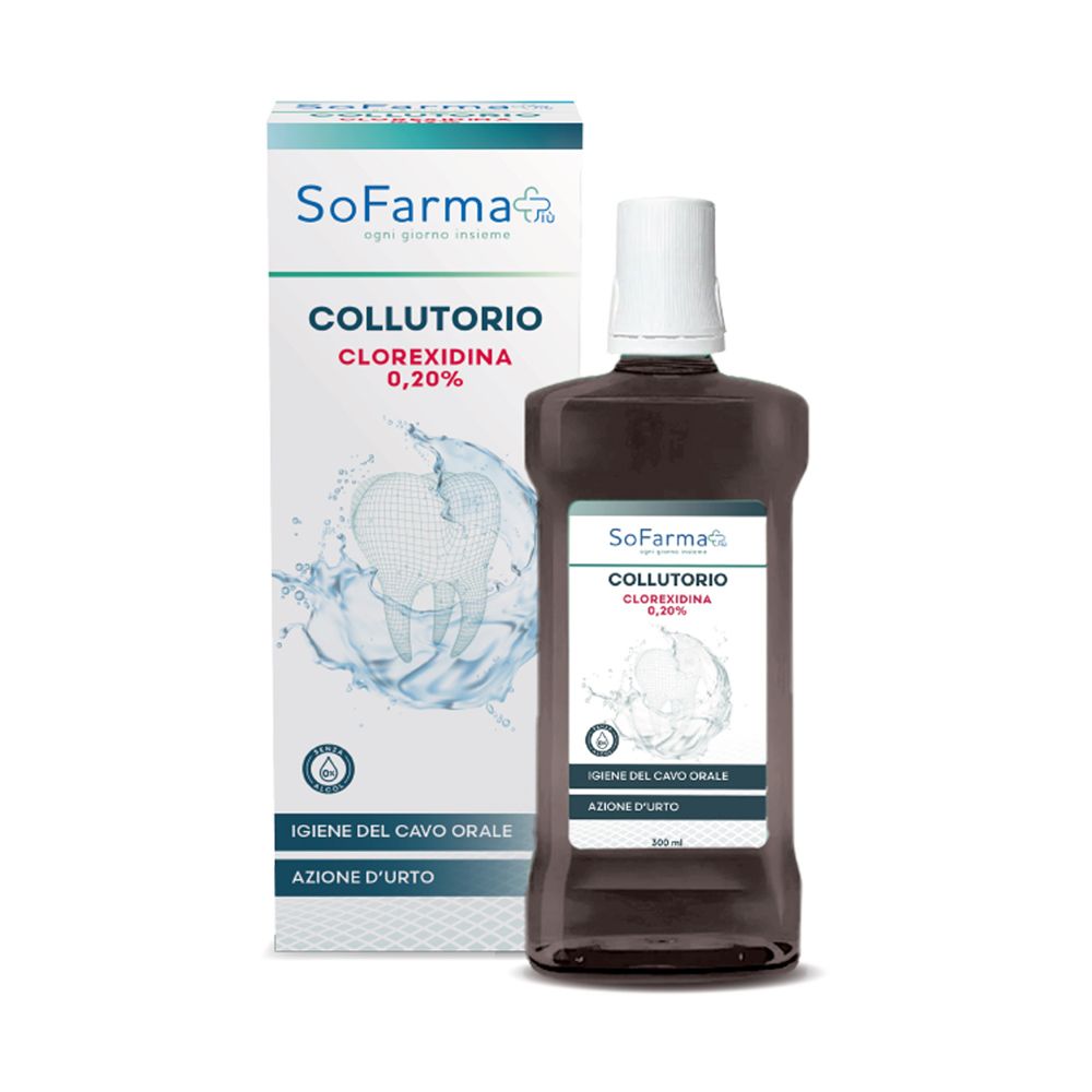 Flacone e confezione collutorio. Flacone marrone con tappo bianco. Nome del prodotto sulla confezione.