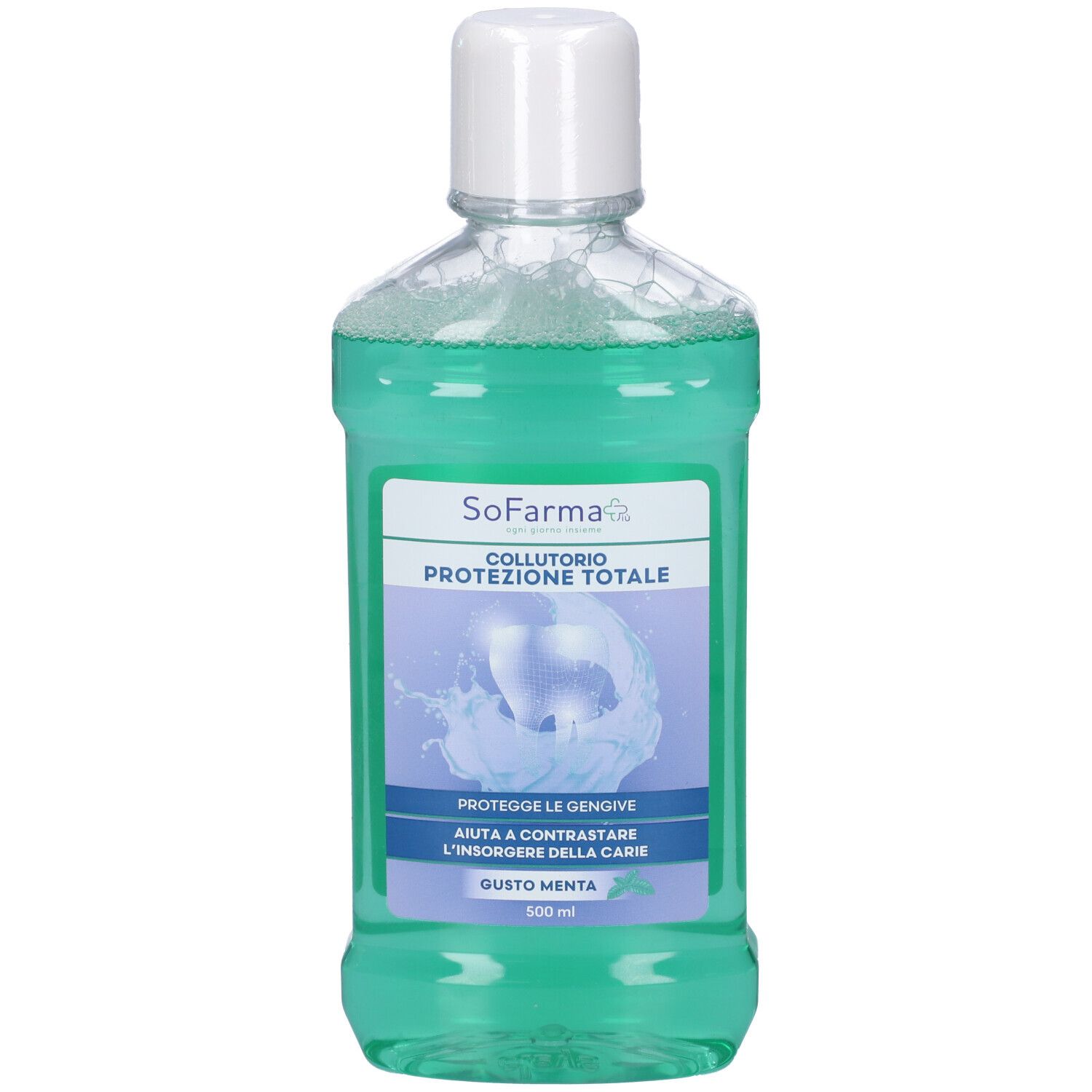 Flacone di collutorio verde con tappo bianco. Scritta: SoFarma, Collutorio Protezione Totale, Gusto Menta. 500 ml.
