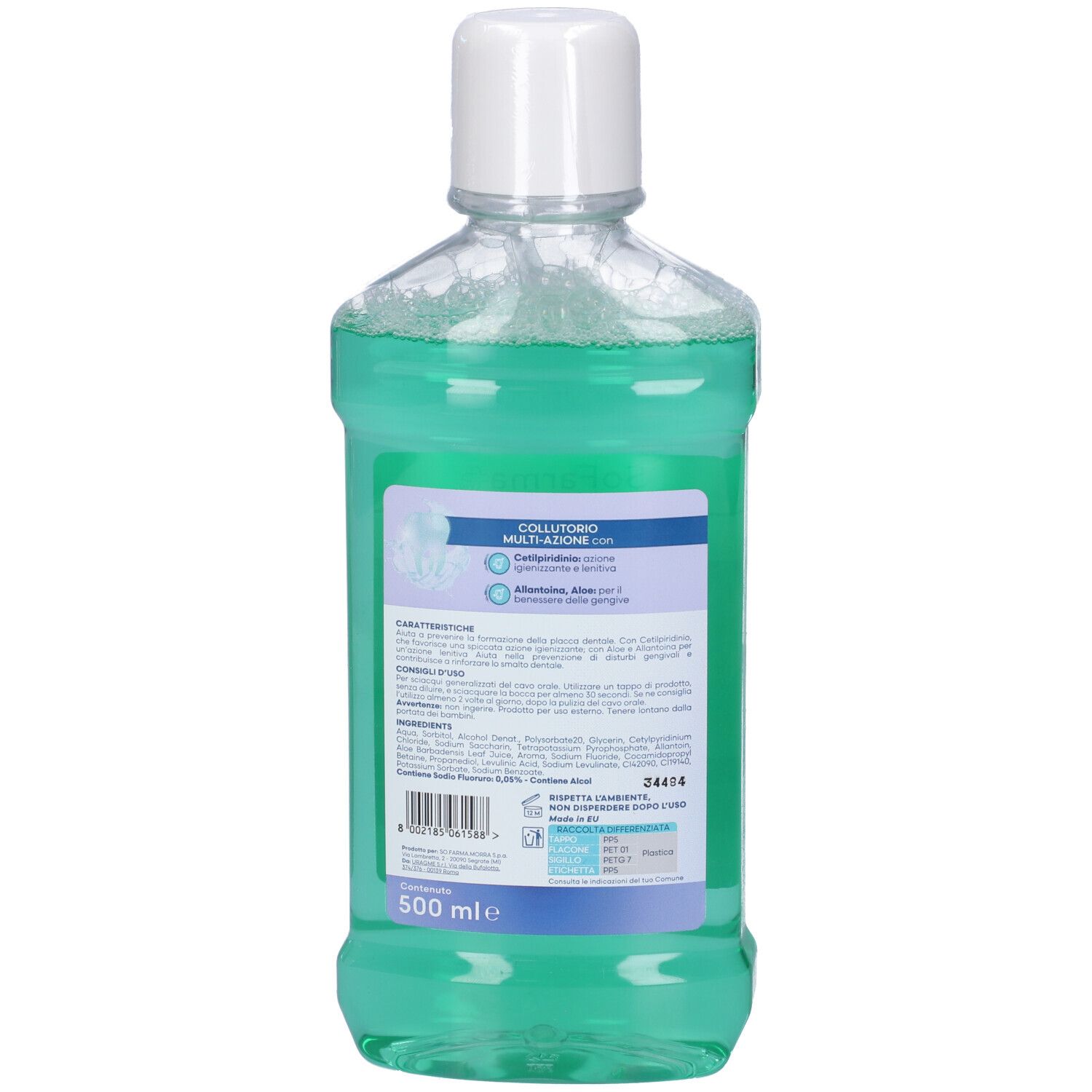 Flacone di collutorio verde con tappo bianco. Retro con testo e indicazione 500 ml.