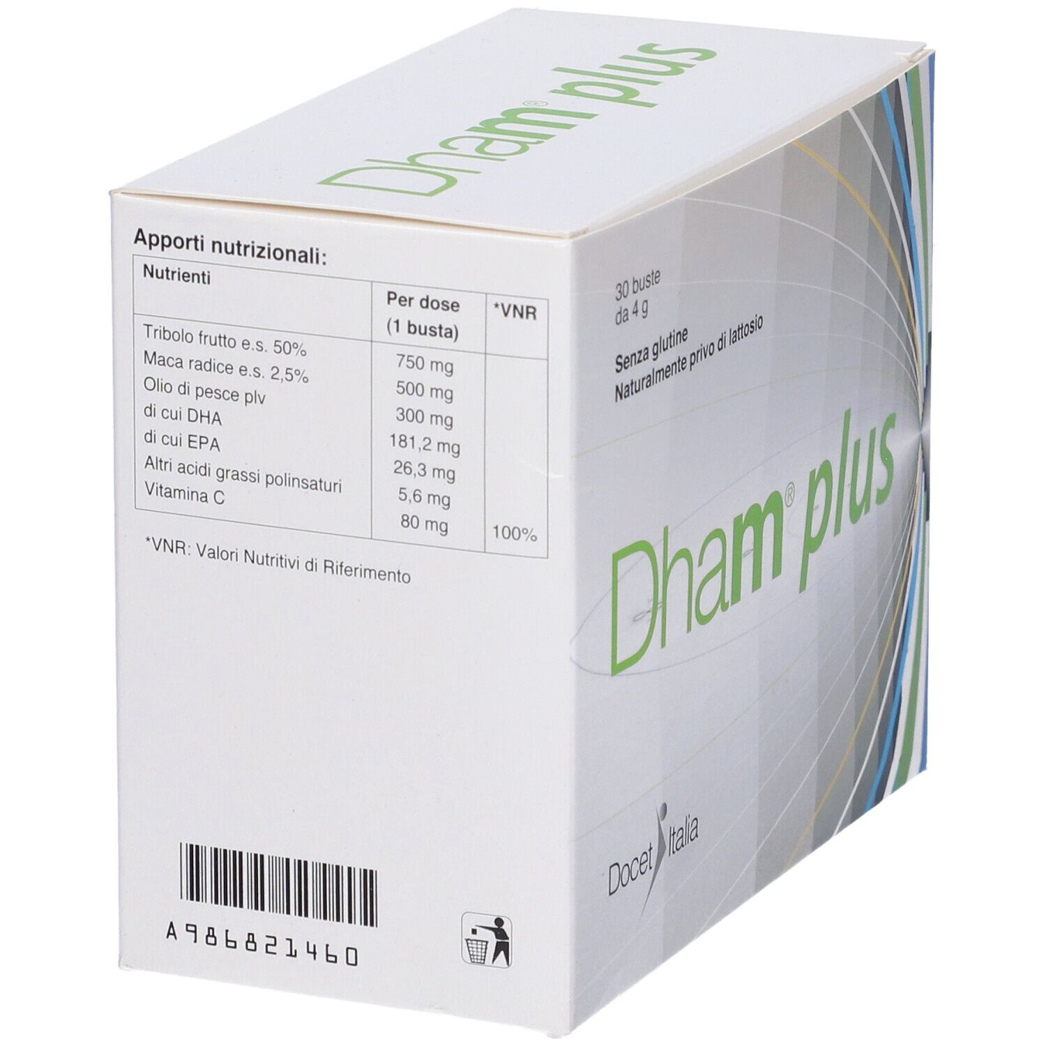 Retro scatola "Dham plus". Informazioni nutrizionali, 30 bustine, senza glutine, senza lattosio. Codice a barre, Docet Italia.