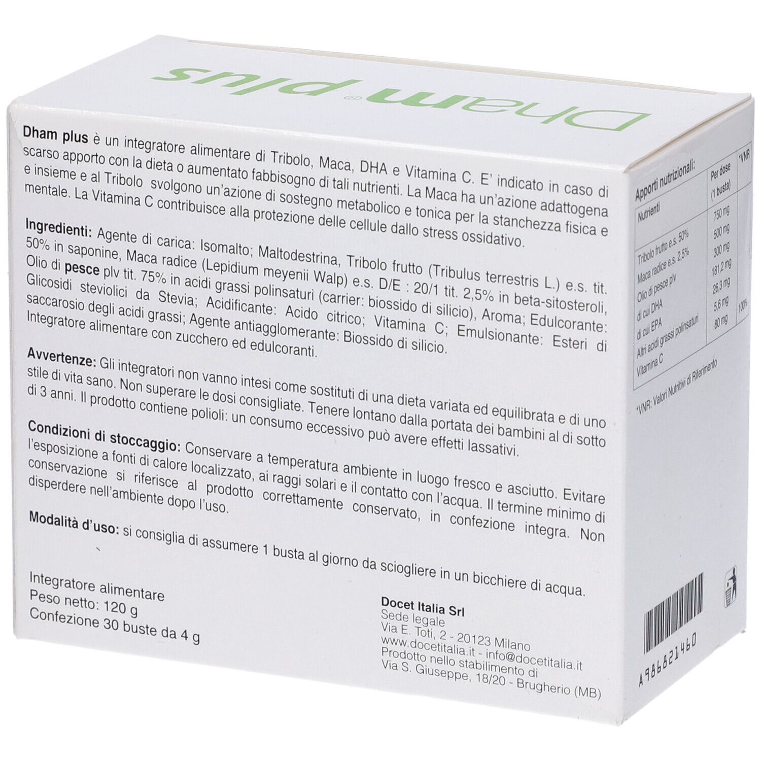 Scatola "Dham plus", testo in italiano. Ingredienti, modalità d'uso, condizioni di conservazione. Docet Italia.