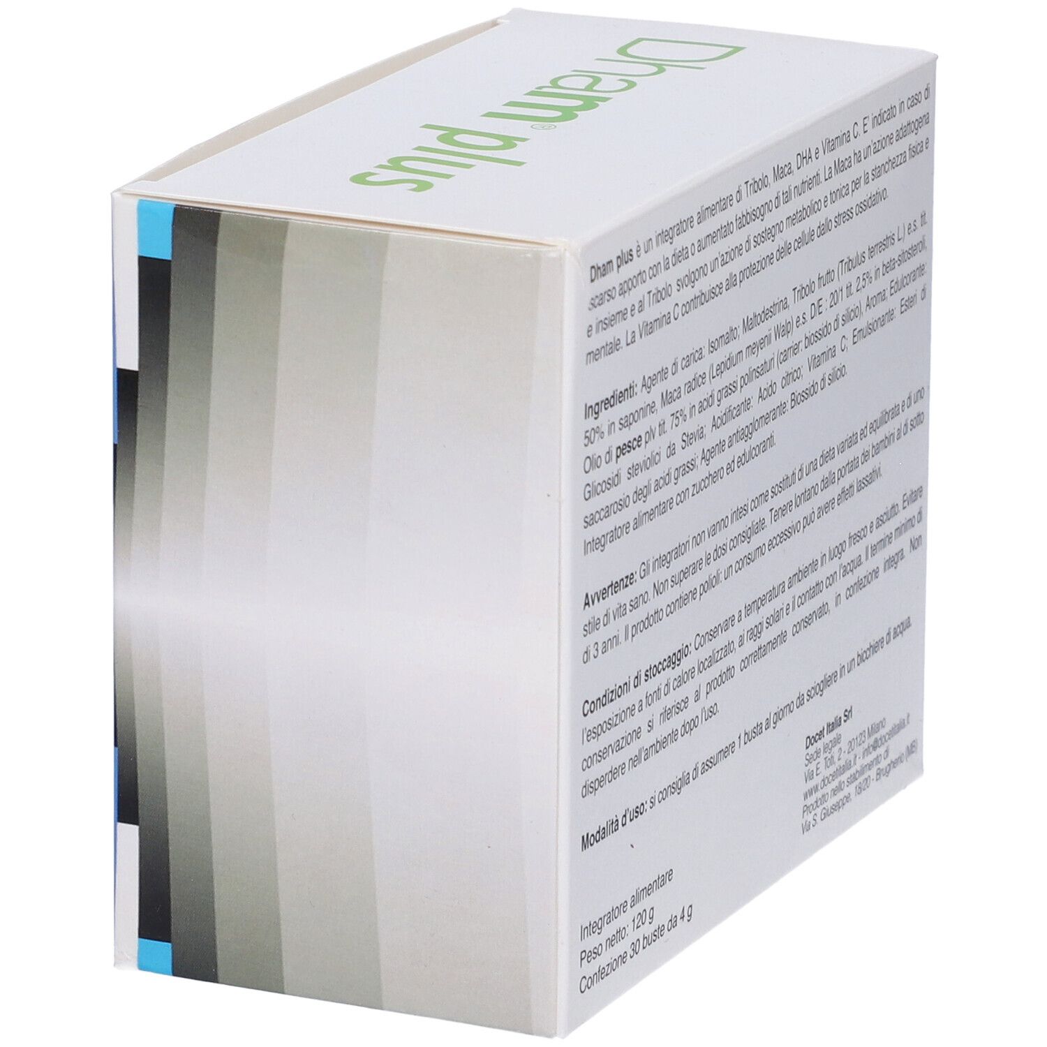 Scatola "Dham plus", testo in italiano. Ingredienti, modalità d'uso, condizioni di conservazione. Docet Italia.