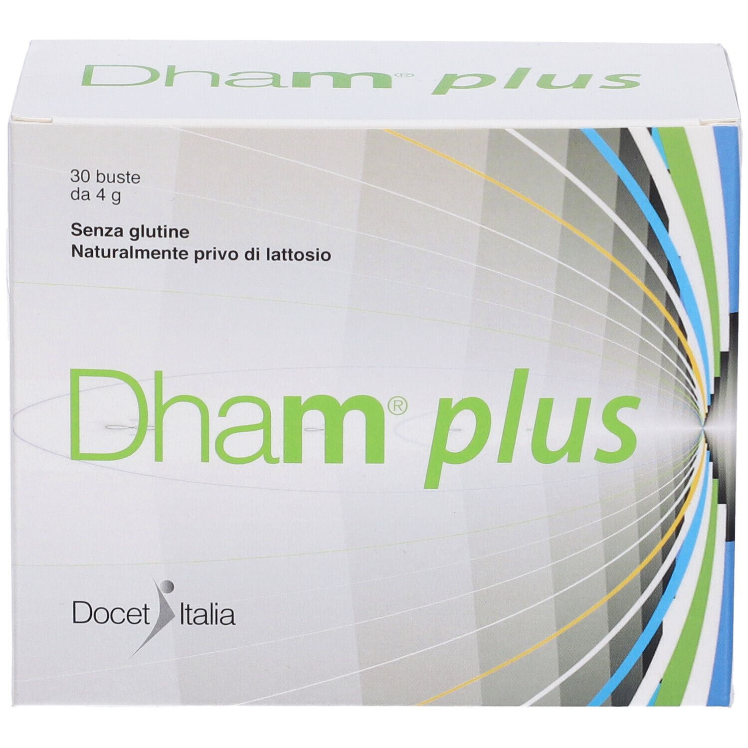 Scatola "Dham plus". 30 bustine, senza glutine, senza lattosio. Confezione verde e bianca, Docet Italia.