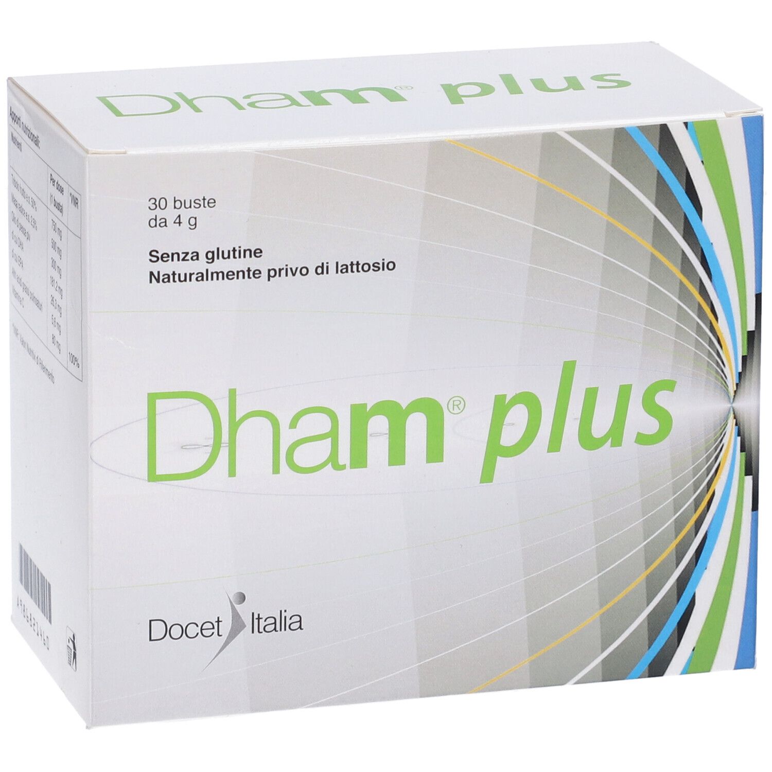 Scatola "Dham plus". 30 bustine, senza glutine, senza lattosio. Confezione verde e bianca, Docet Italia.
