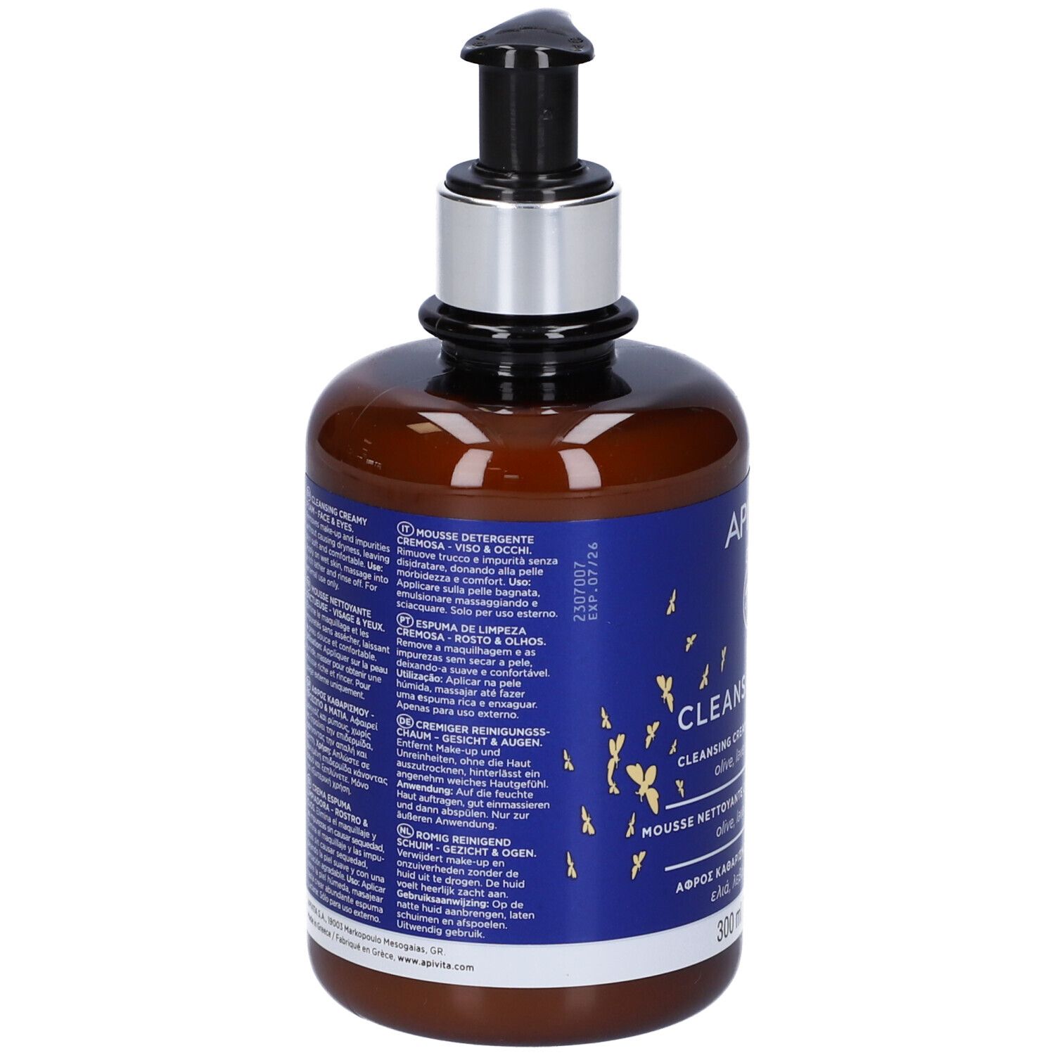 Flacone marrone con etichetta blu. Testo multilingue. Con dispenser.