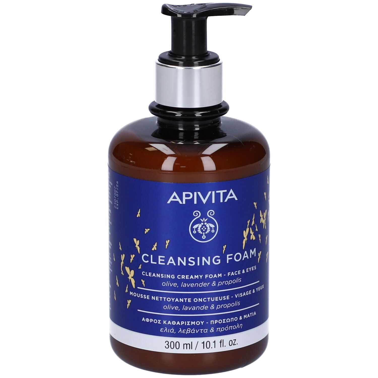 Flacone marrone con etichetta blu. Scritta: Apivita Cleansing Foam. Con dispenser.