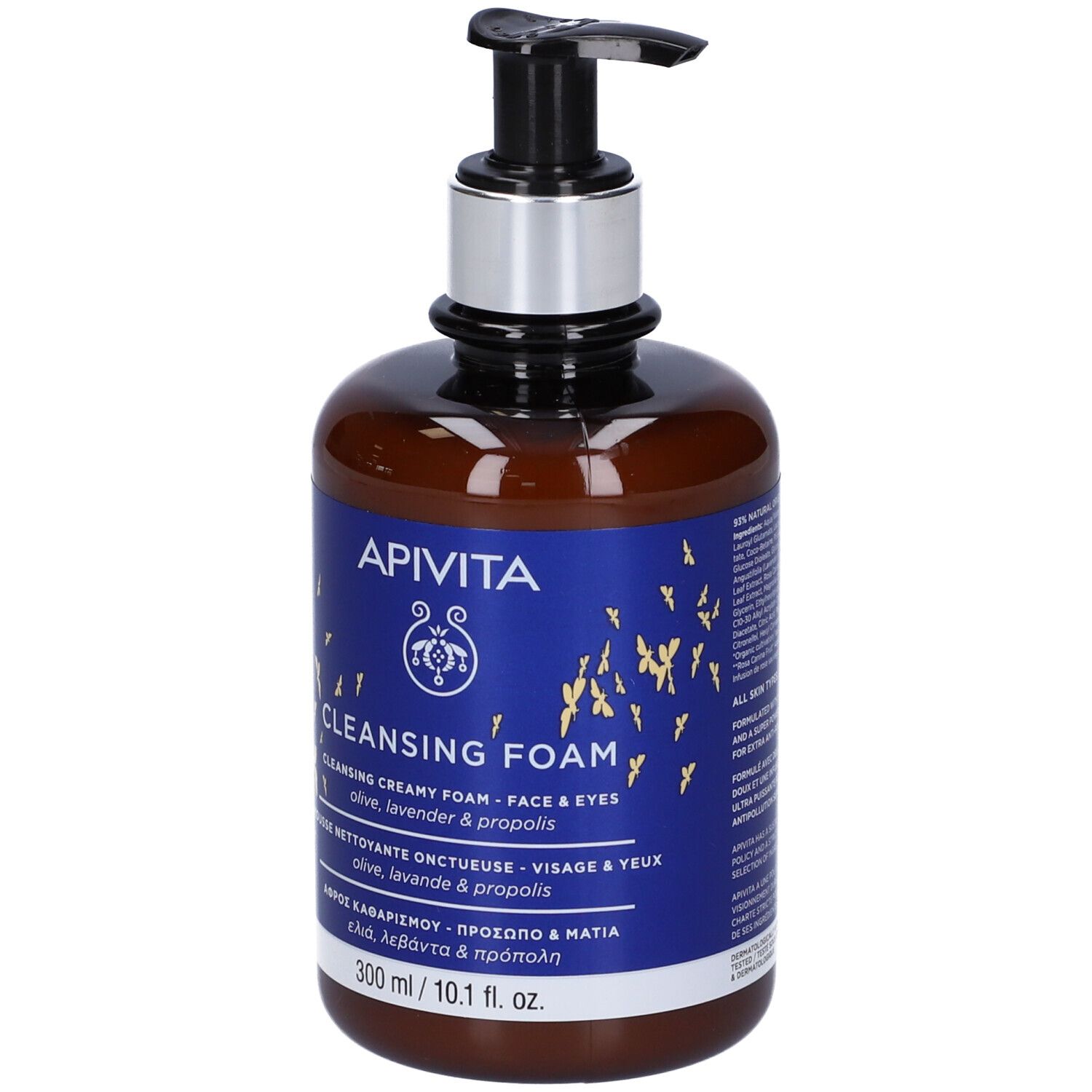 Flacone marrone con etichetta blu. Scritta: Apivita Cleansing Foam. Con dispenser.