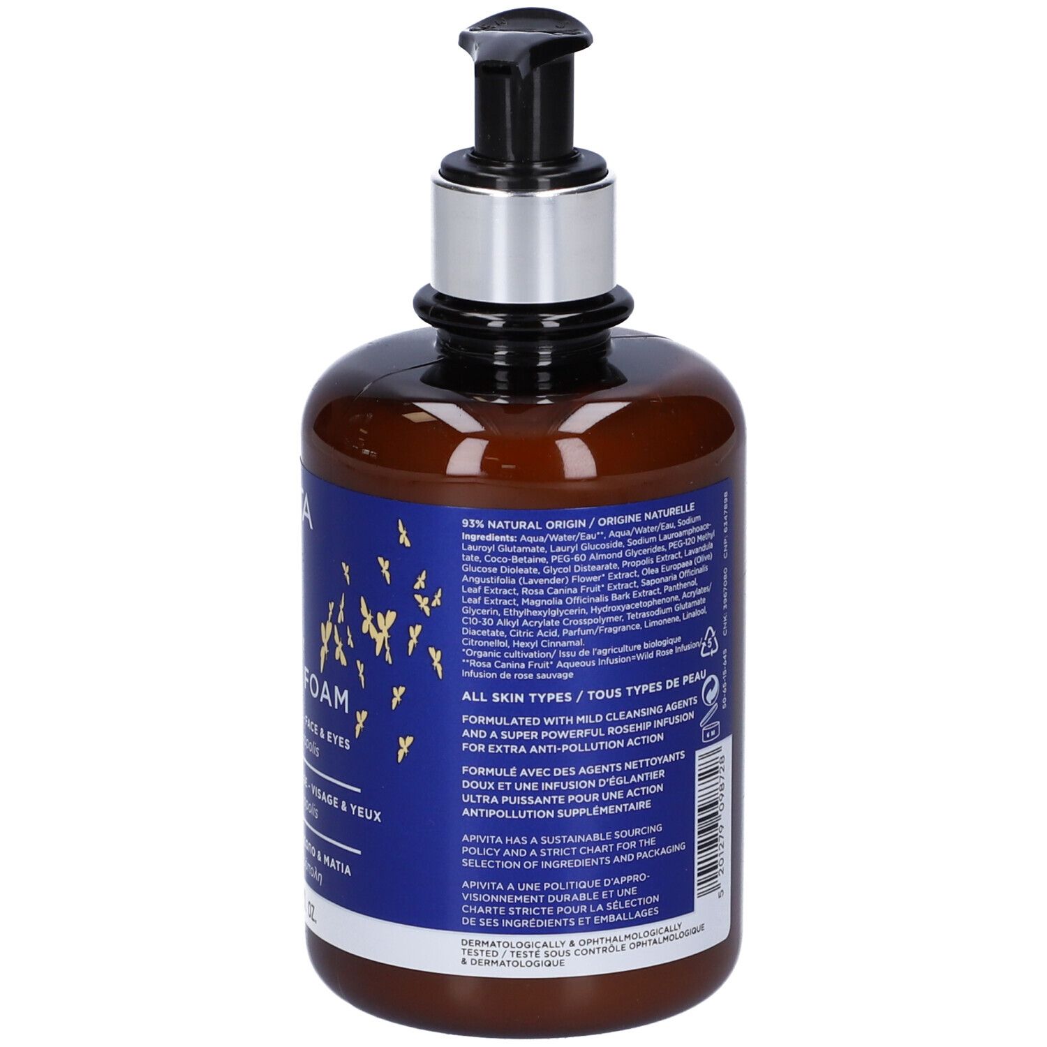 Flacone marrone con etichetta blu. Testo multilingue. Con dispenser.