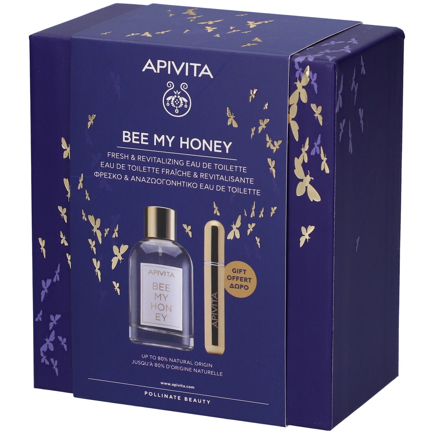 Scatola regalo blu scuro con immagine del prodotto. Contiene una bottiglia e un vaporizzatore. Testo: Bee My Honey, Apivita.