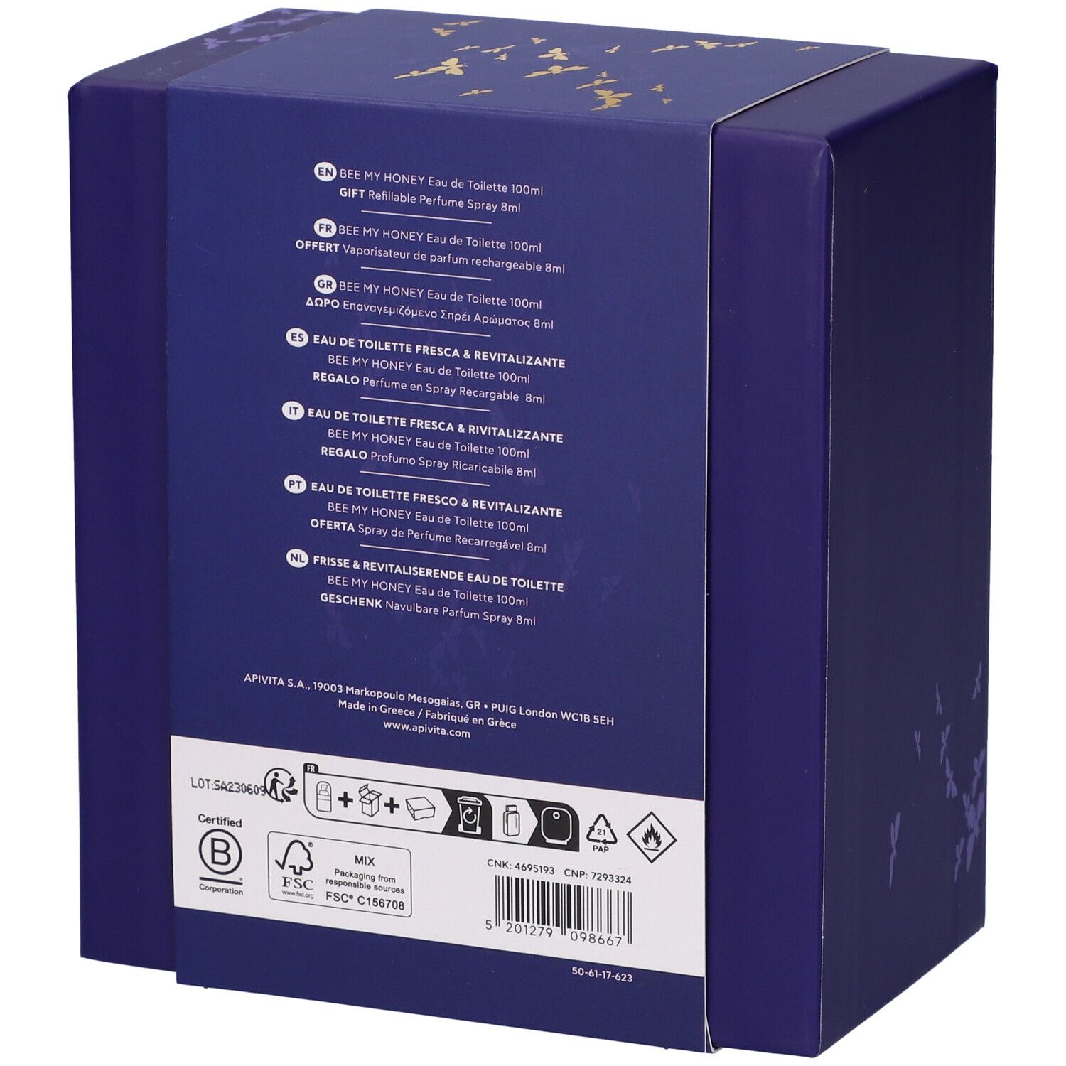 Retro della scatola regalo blu scuro. Testo multilingue. Contiene informazioni e loghi. Testo: Apivita.