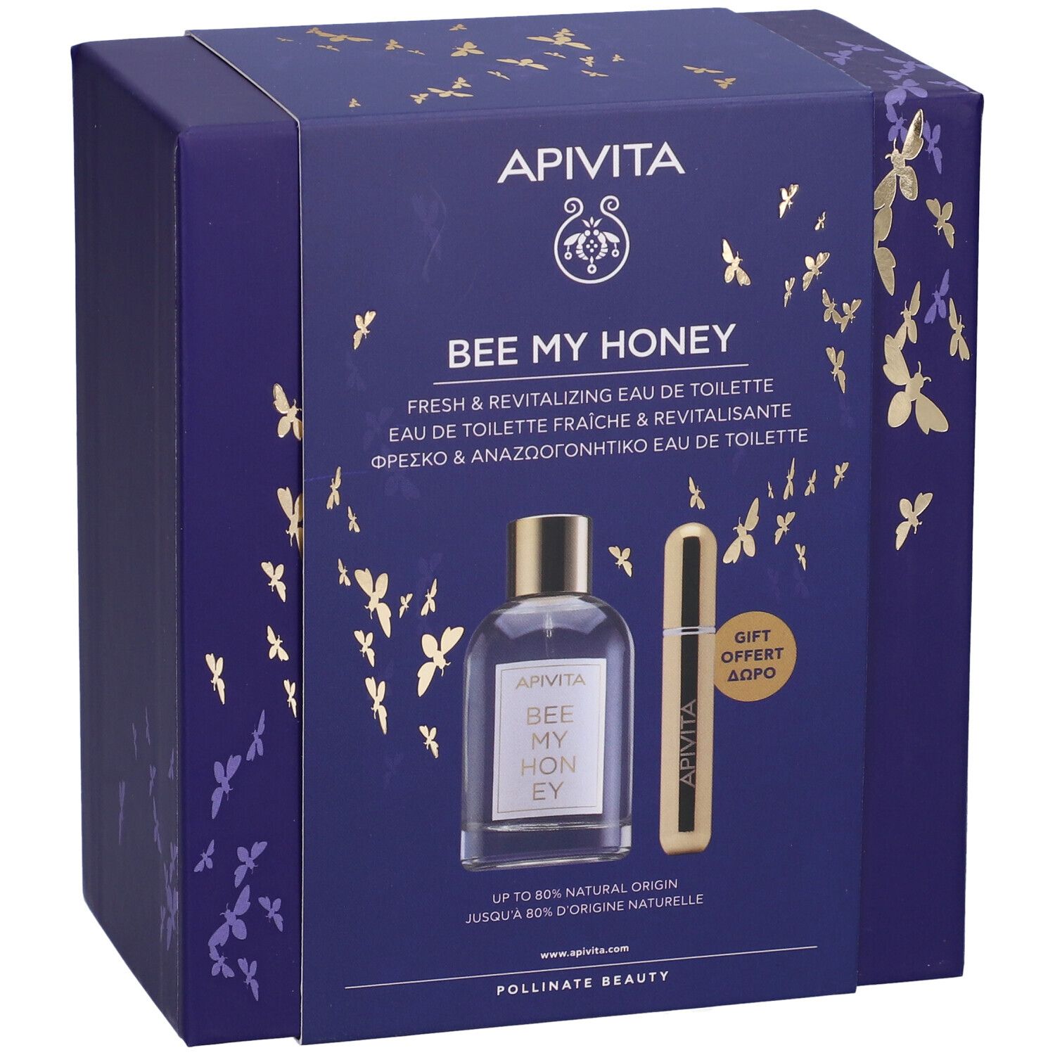 Scatola regalo blu scuro con immagine del prodotto. Contiene una bottiglia e un vaporizzatore. Testo: Bee My Honey, Apivita.