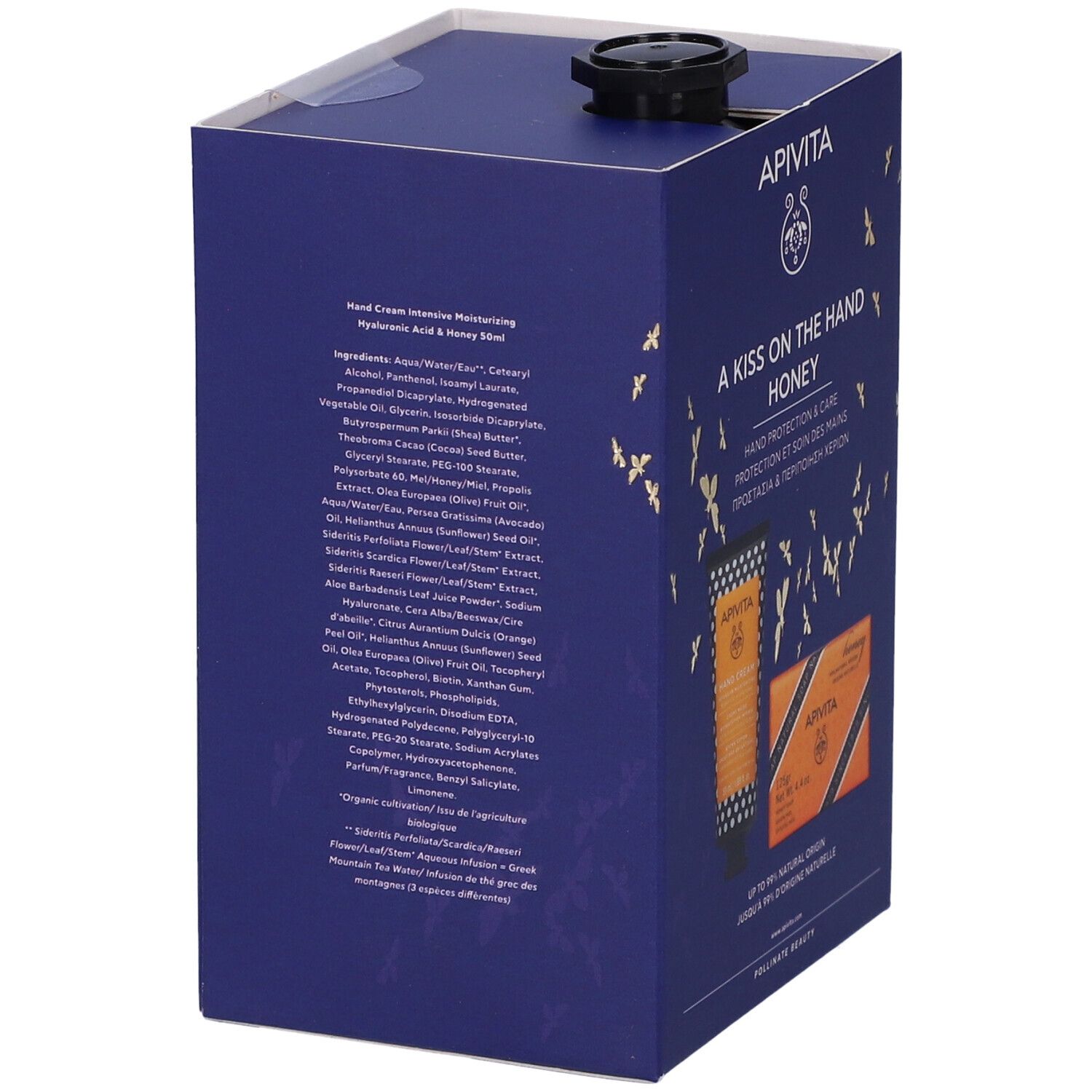 Retro della confezione regalo. Contiene ingredienti e informazioni sul prodotto. Scritta: Apivita, A Kiss on the Hand Honey.