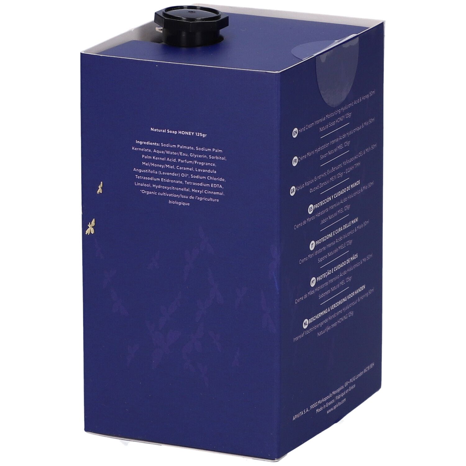 Retro della confezione regalo con ingredienti e informazioni sul prodotto. Scritta: Apivita, Natural Soap Honey.