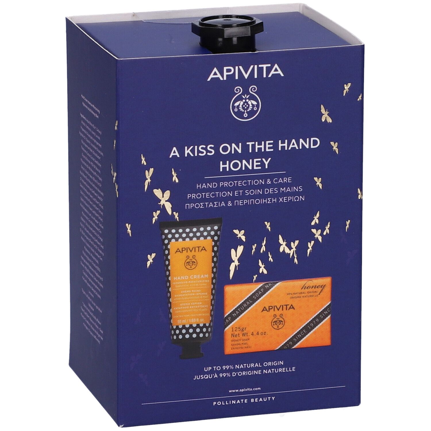 Confezione regalo blu e oro con crema mani e sapone. Scritta: Apivita, A Kiss on the Hand Honey. Immagine di crema e sapone.