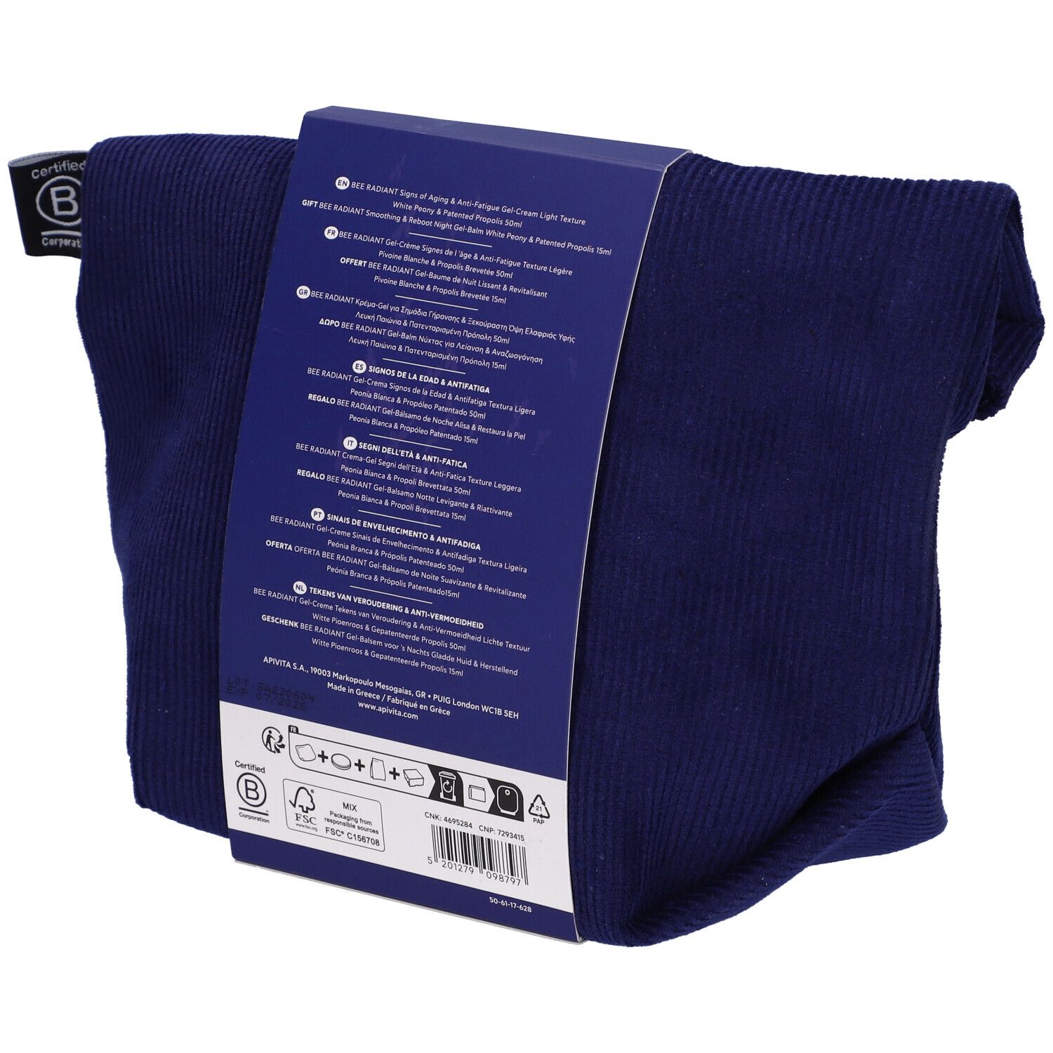 Borsa cosmetica blu scuro con confezione del prodotto. Scritto "Apivita". Logo di certificazione. Testo sul retro.