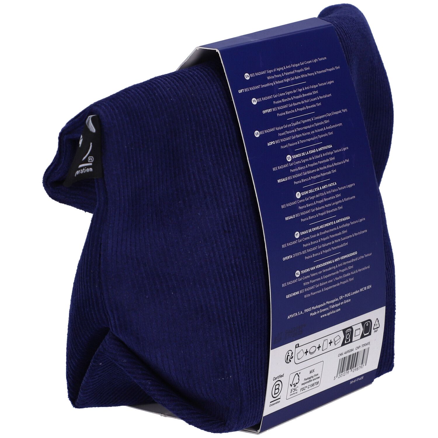 Borsa cosmetica blu scuro con confezione del prodotto. Scritto "Apivita". Logo di certificazione. Testo sul retro.