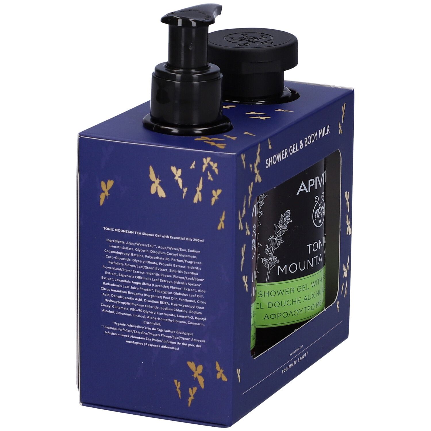 Confezione blu con due flaconi. Uno con pompa, uno con tappo. Scritta: Apivita Tonic Mountain Tea. Ingredienti e informazioni.