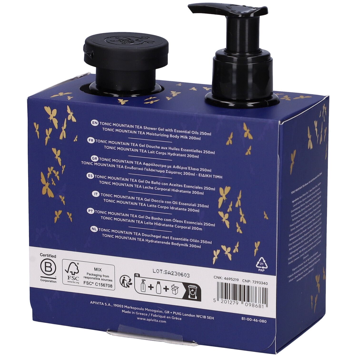 Retro della confezione blu con due flaconi. Scritta: Apivita Tonic Mountain Tea. Testo multilingue. Certificazione FSC.