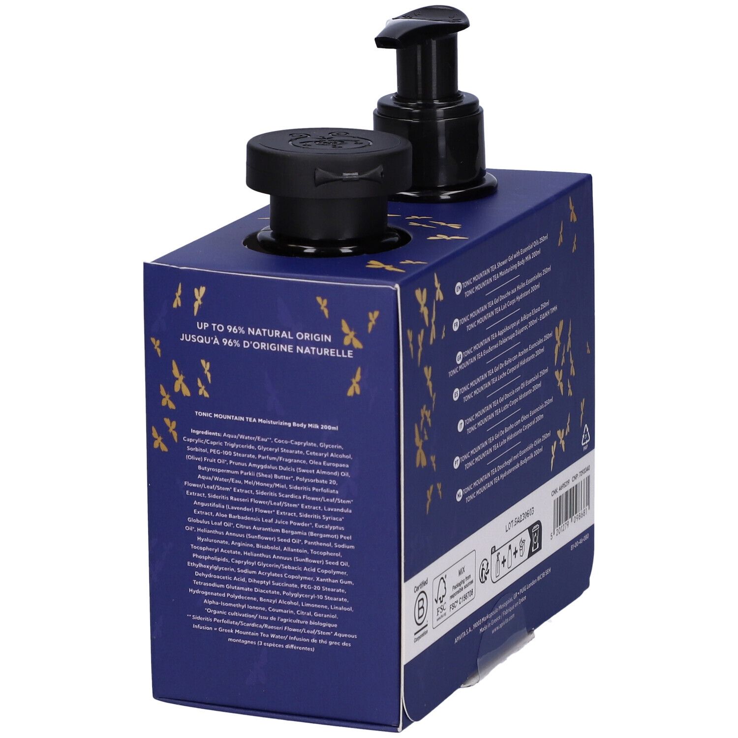 Confezione blu con due flaconi. Scritta: Apivita Tonic Mountain Tea. Testo: Fino al 96% di origine naturale. Ingredienti.