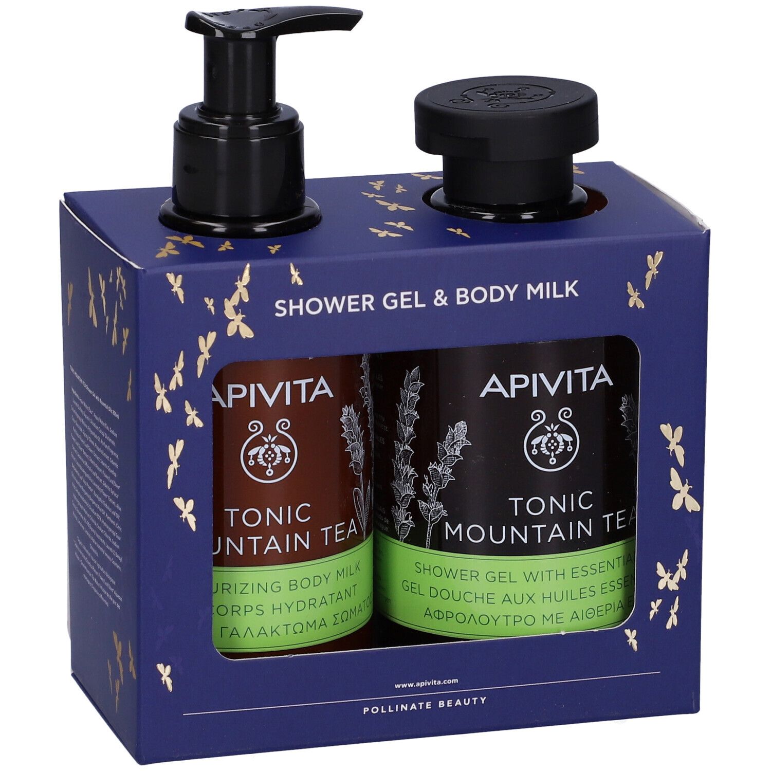 Set regalo con due flaconi. Uno con pompa, uno con tappo. Scritta: Apivita Tonic Mountain Tea. Confezione blu con decorazioni dorate.