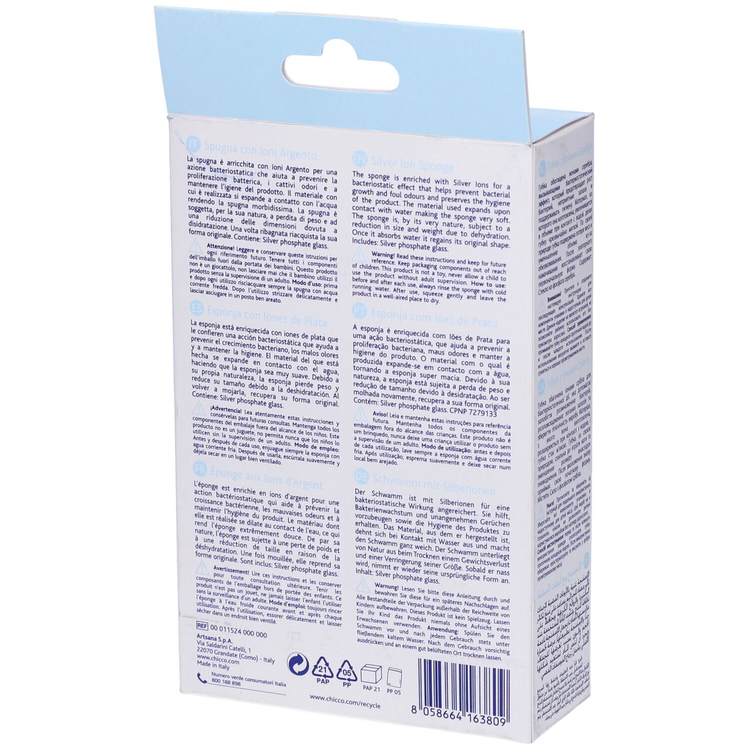 Retro della confezione. Testo multilingue. Contiene informazioni sul prodotto.