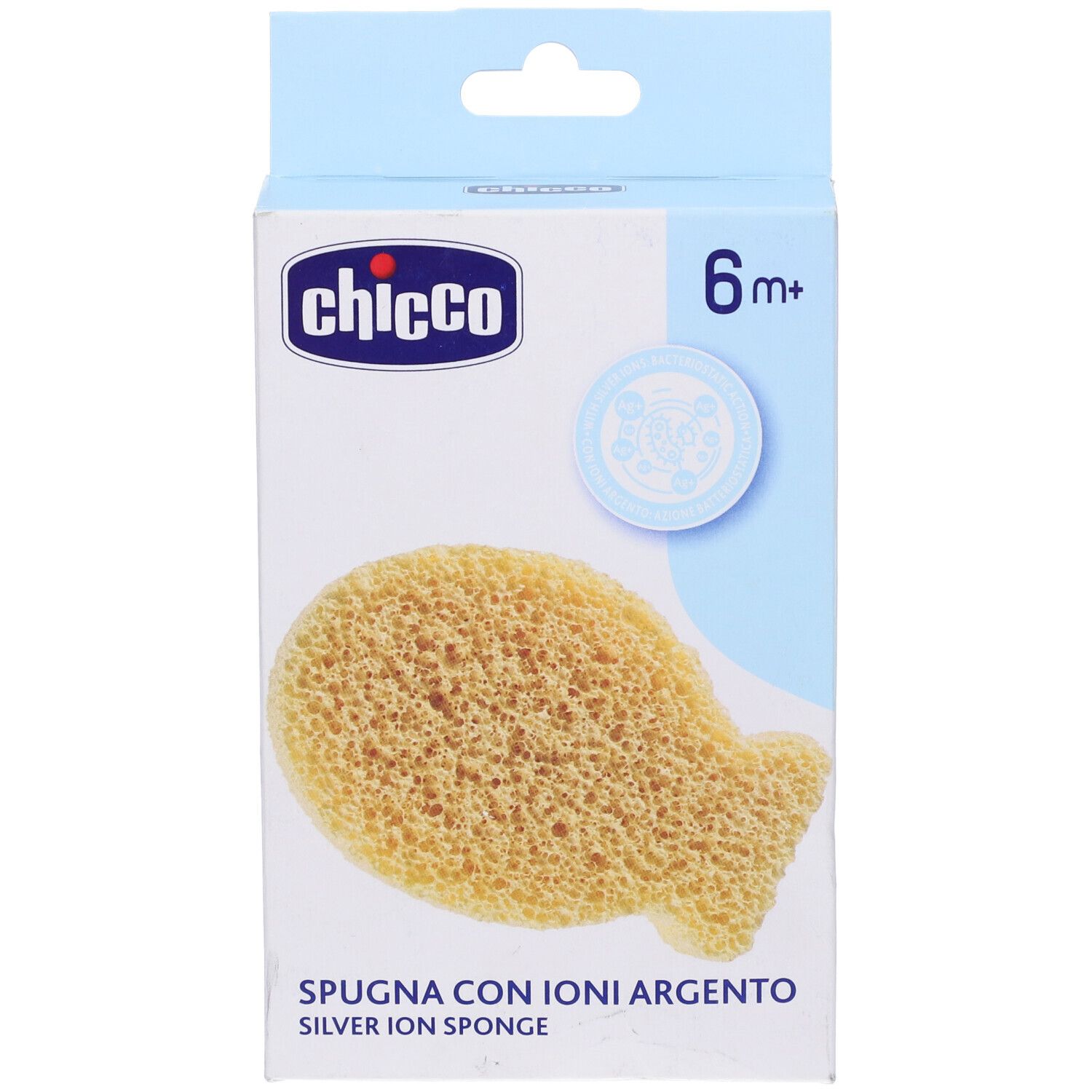 Confezione con spugna a forma di pesce, giallo chiaro. Marchio Chicco. Testo: Spugna con Ioni Argento, 6m+.