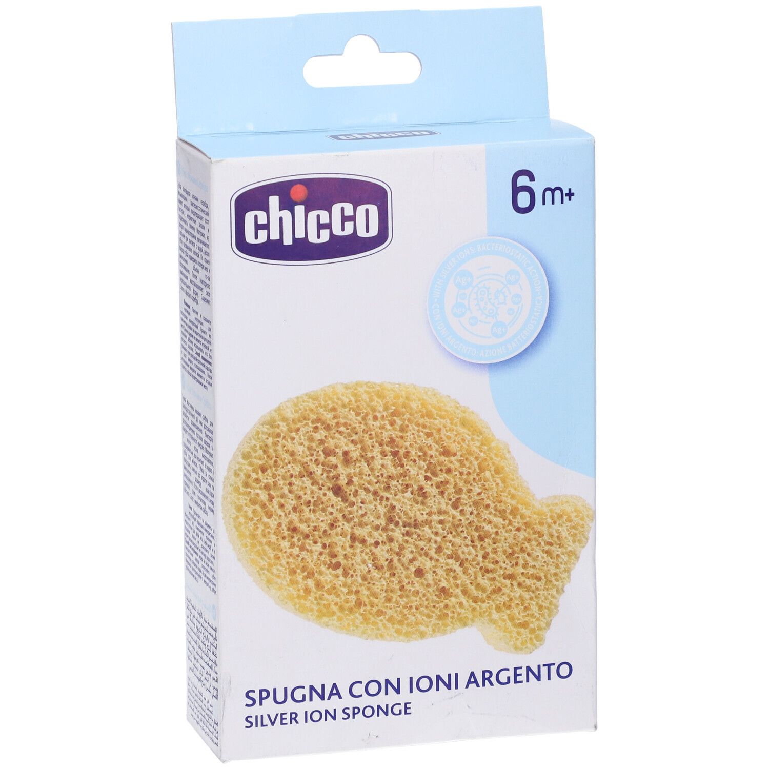 Confezione con spugna a forma di pesce, giallo chiaro. Marchio Chicco. Testo: Spugna con Ioni Argento, 6m+.