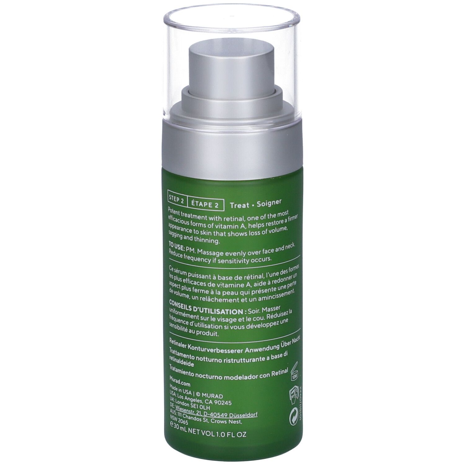 Flacone verde con dosatore. Scritta: Murad, Resurgence, Retinal ReSculpt Overnight Treatment.