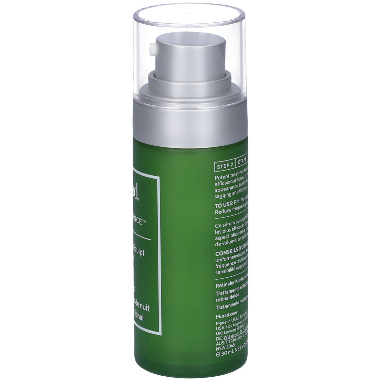 Flacone verde con dosatore. Scritta: Murad, Resurgence, Retinal ReSculpt Overnight Treatment.