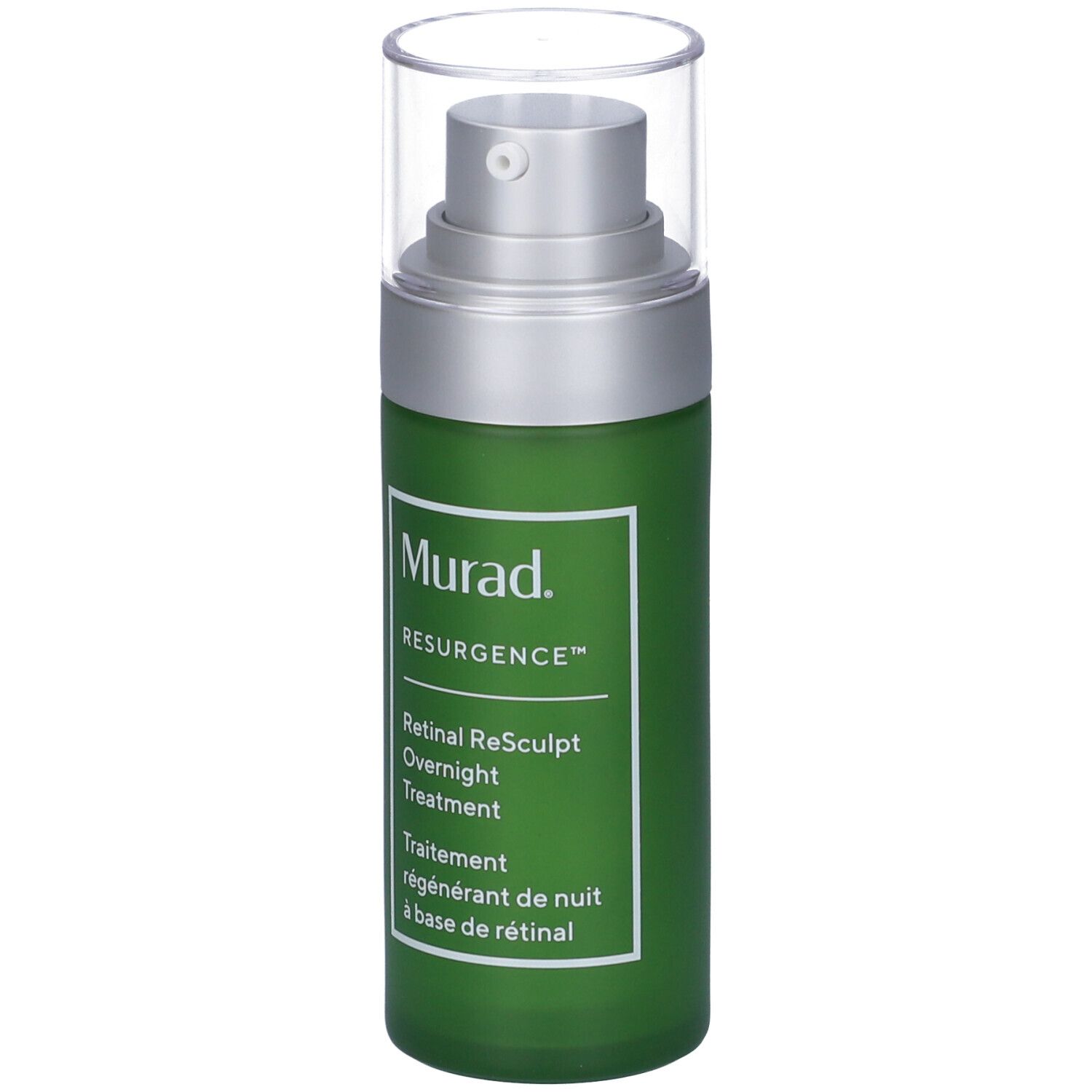 Flacone verde con dosatore. Scritta: Murad, Resurgence, Retinal ReSculpt Overnight Treatment.