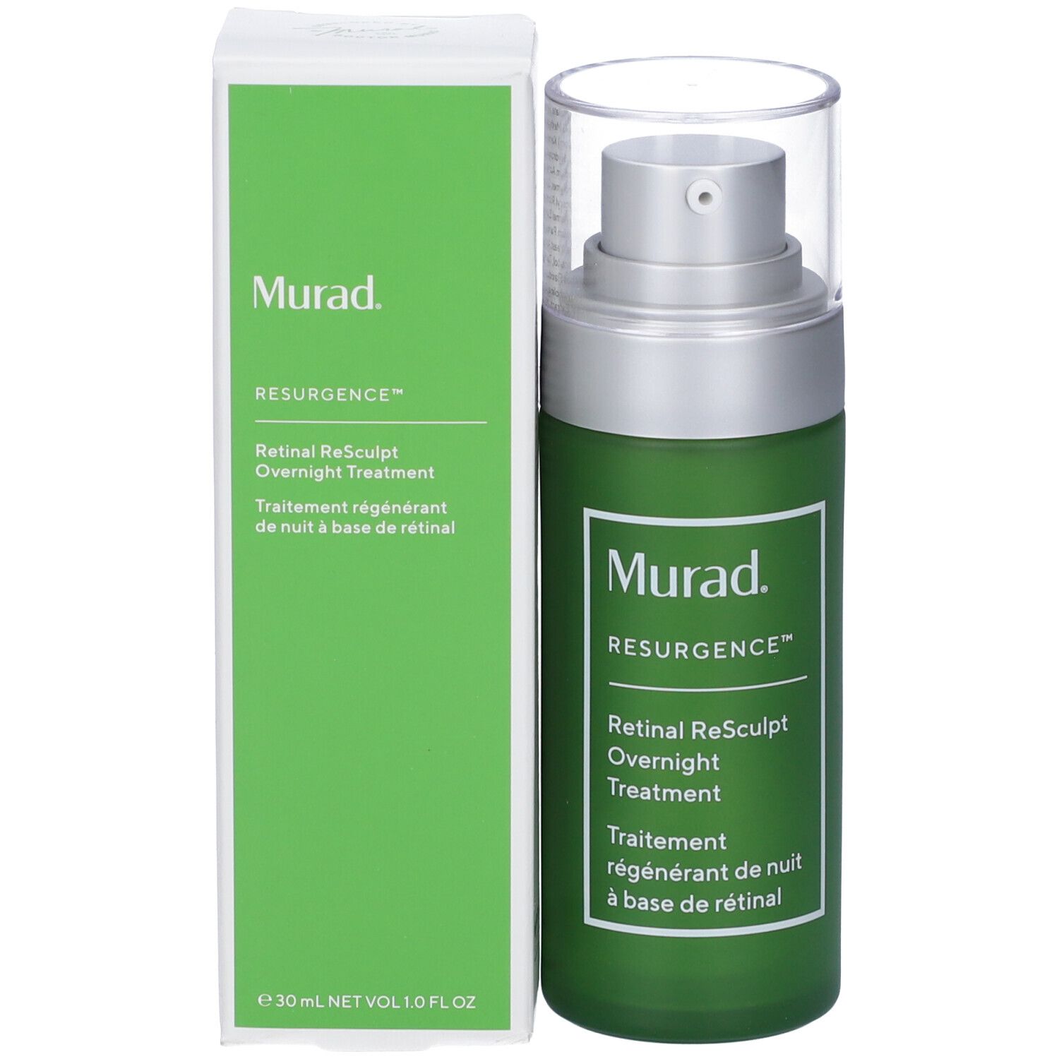 Flacone e confezione. Scritta: Murad, Resurgence, Retinal ReSculpt Overnight Treatment.