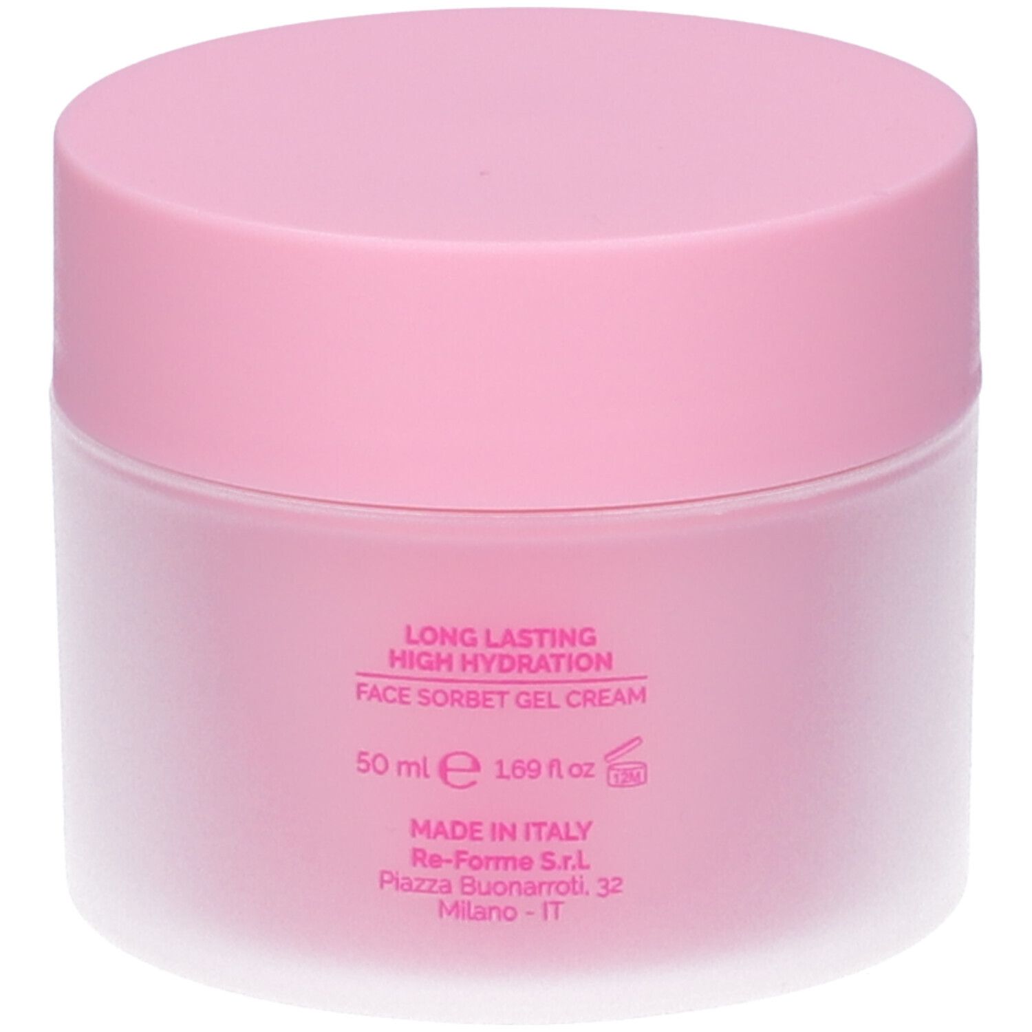 Vaso rosa con coperchio rosa. Scritta: Long Lasting High Hydration, Face Sorbet Gel Cream. 50 ml. Prodotto in Italia.