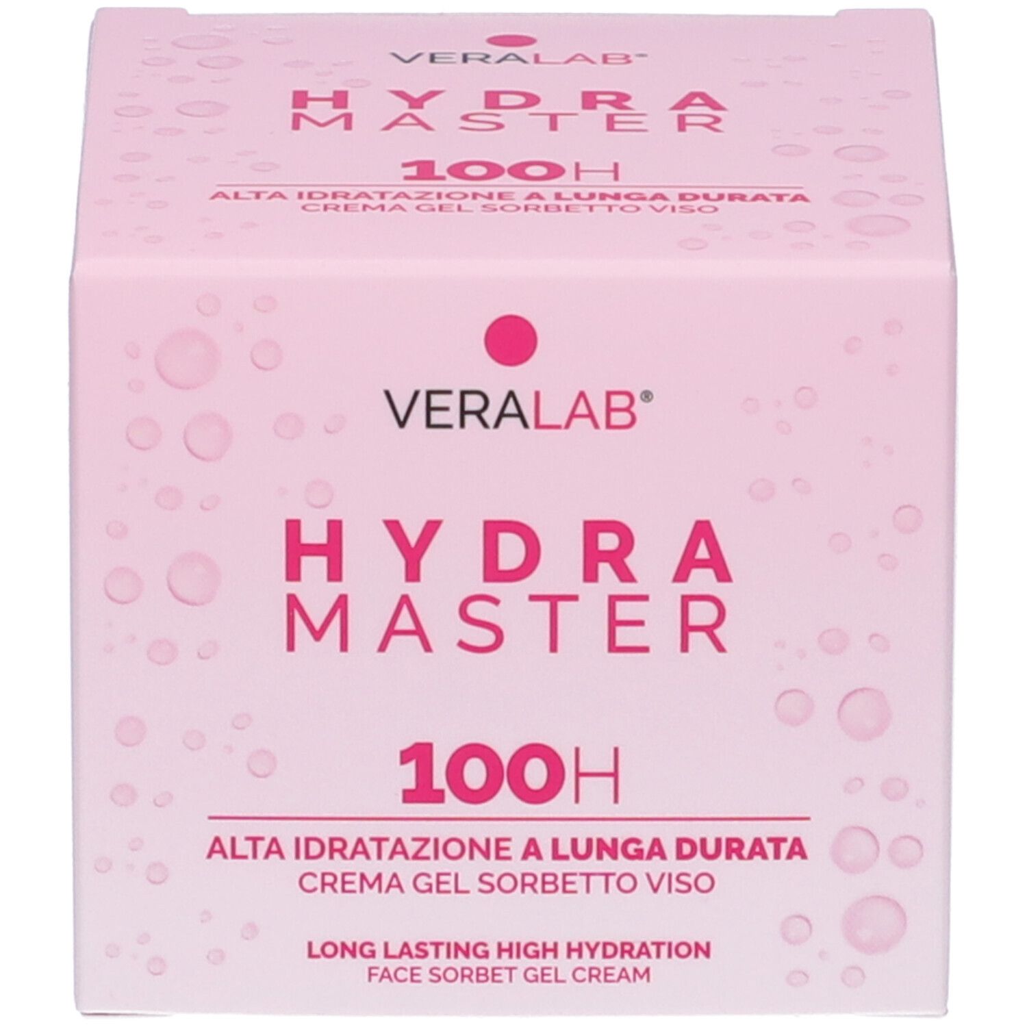 Scatola rosa. Scritta: HYDRA MASTER 100H. Testo: Alta idratazione a lunga durata, Crema gel sorbetto viso, Long Lasting High Hydration.