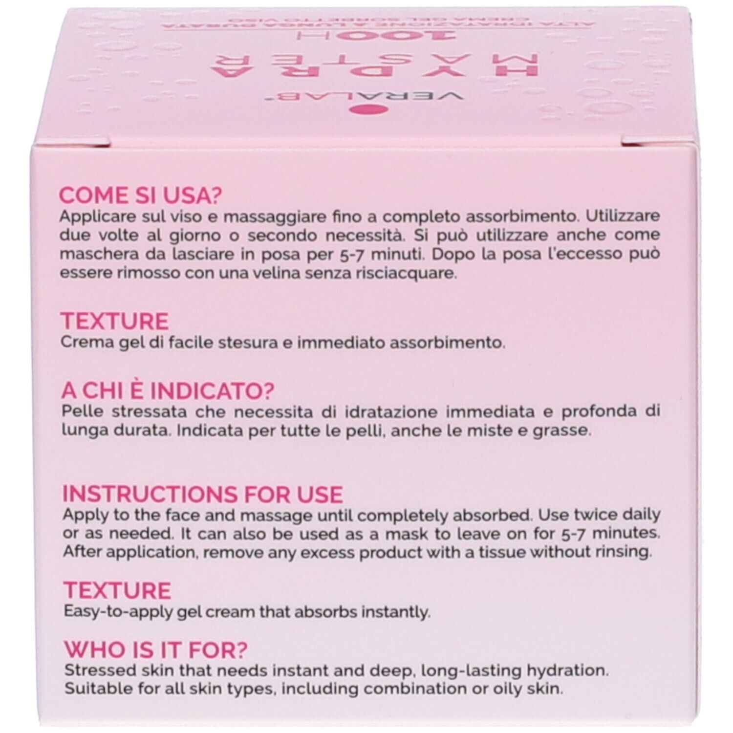 Retro della scatola rosa. Testo sull'uso e gli ingredienti in inglese.