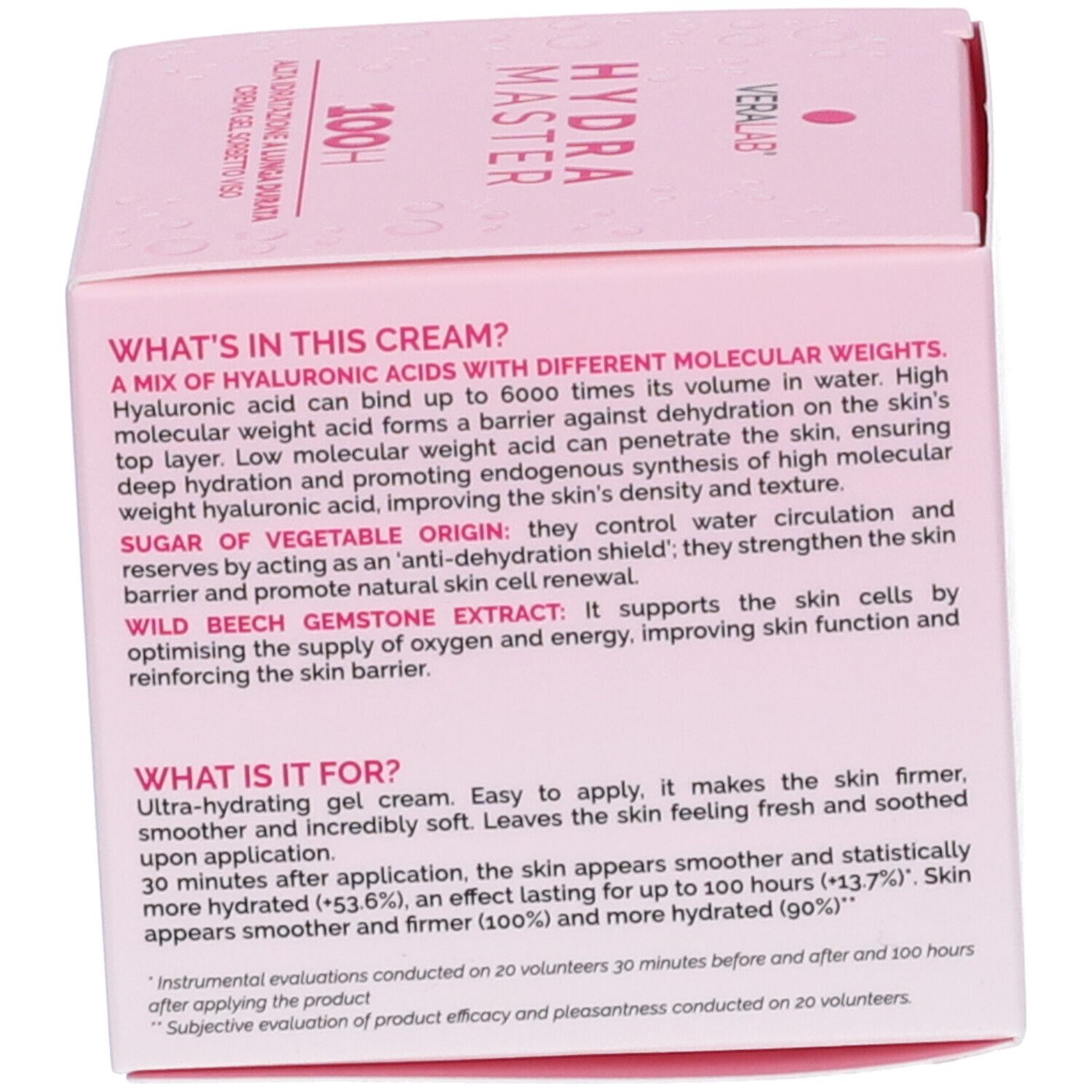 Retro della scatola rosa. Testo sugli ingredienti e l'uso in inglese.