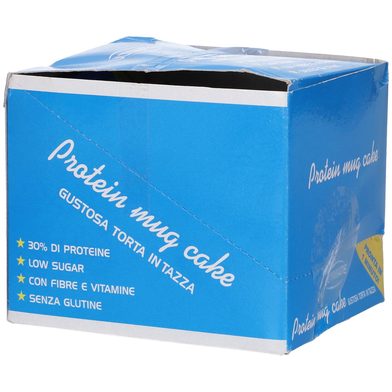 Scatola blu con scritta "Protein mug cake". Contiene informazioni su proteine, zuccheri, fibre e vitamine. La scatola è aperta.