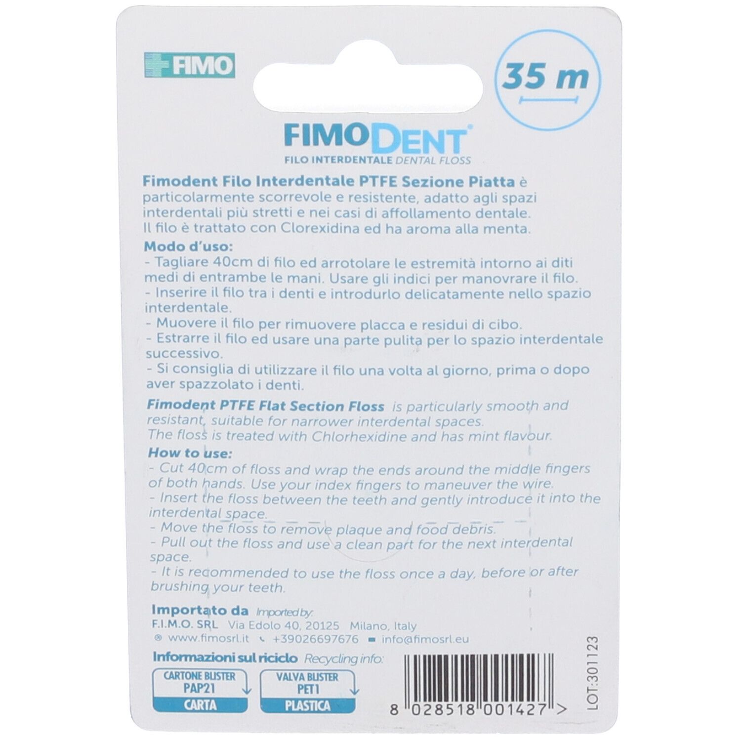Retro della confezione del filo interdentale. Testo: FimoDent, PTFE, 35 m. Descrizione del prodotto, istruzioni per l'uso e informazioni sul riciclo.
