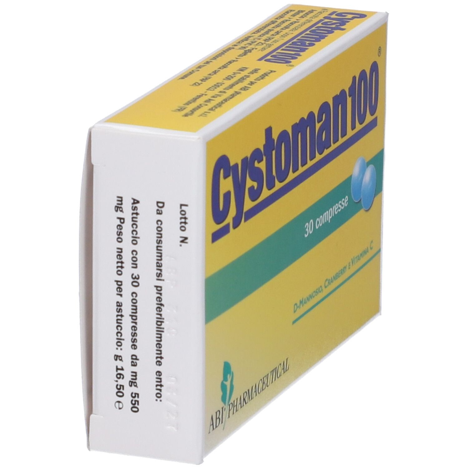 Scatola gialla con scritta blu Cystoman 100, 30 compresse. Contiene D-Mannosio, Cranberry e Vitamina C. Logo ABI Pharmaceutical.