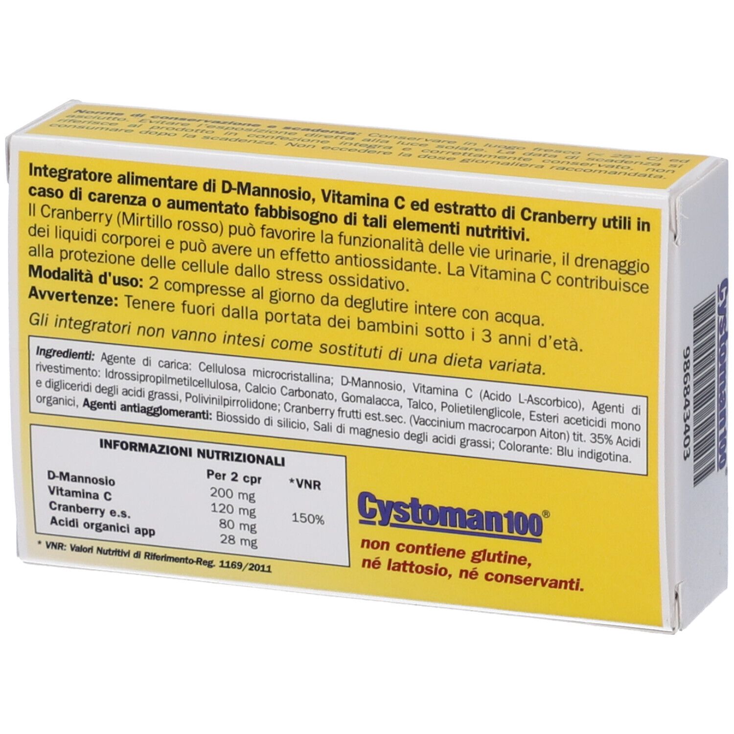 Retro della scatola gialla con testo. Contiene informazioni sugli ingredienti e valori nutrizionali. Cystoman 100, senza glutine, senza conservanti.