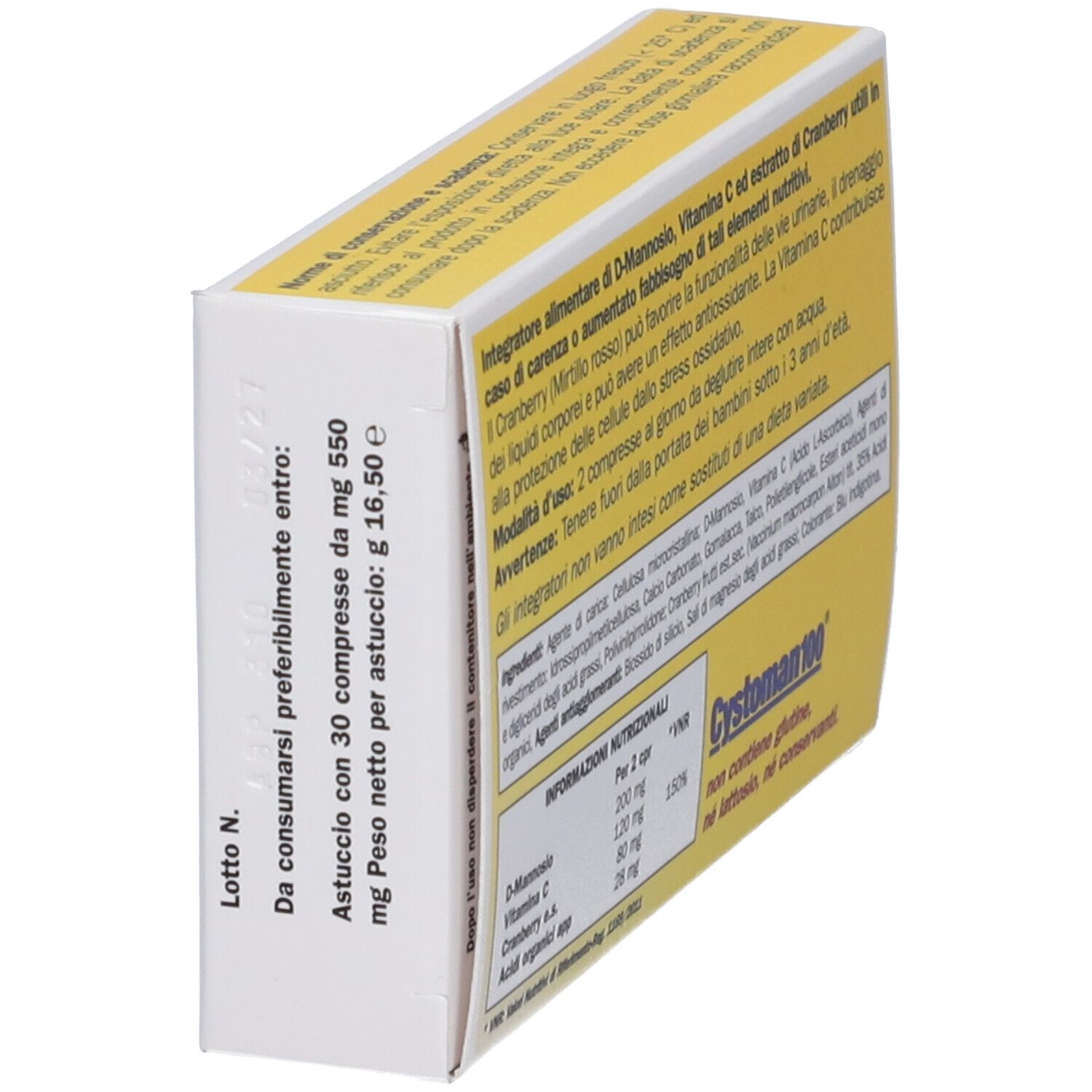 Scatola con fronte giallo, testo Cystoman 100, 30 compresse. Contiene D-Mannosio, Cranberry e Vitamina C. Retro con testo.