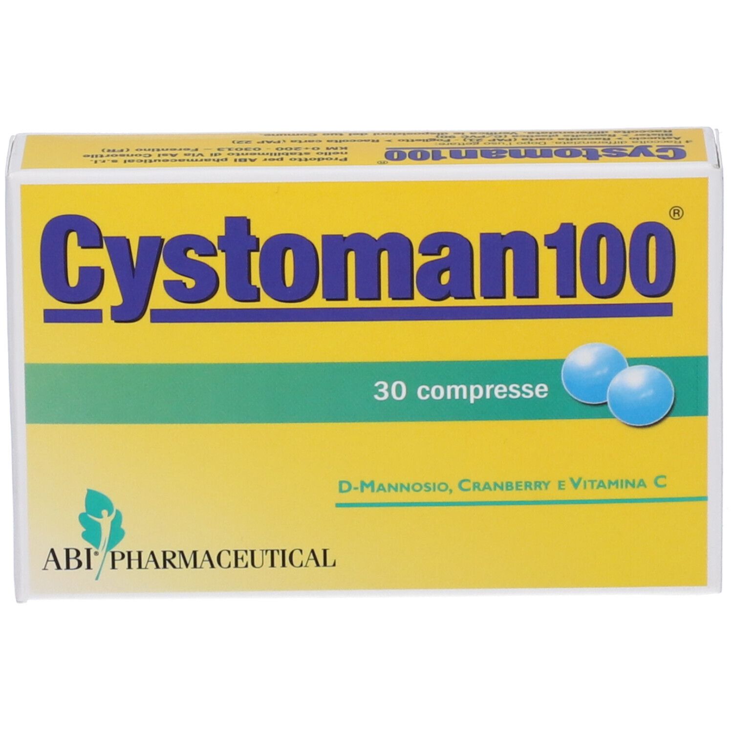 Scatola gialla con scritta blu Cystoman 100, 30 compresse. Contiene D-Mannosio, Cranberry e Vitamina C. Logo ABI Pharmaceutical.