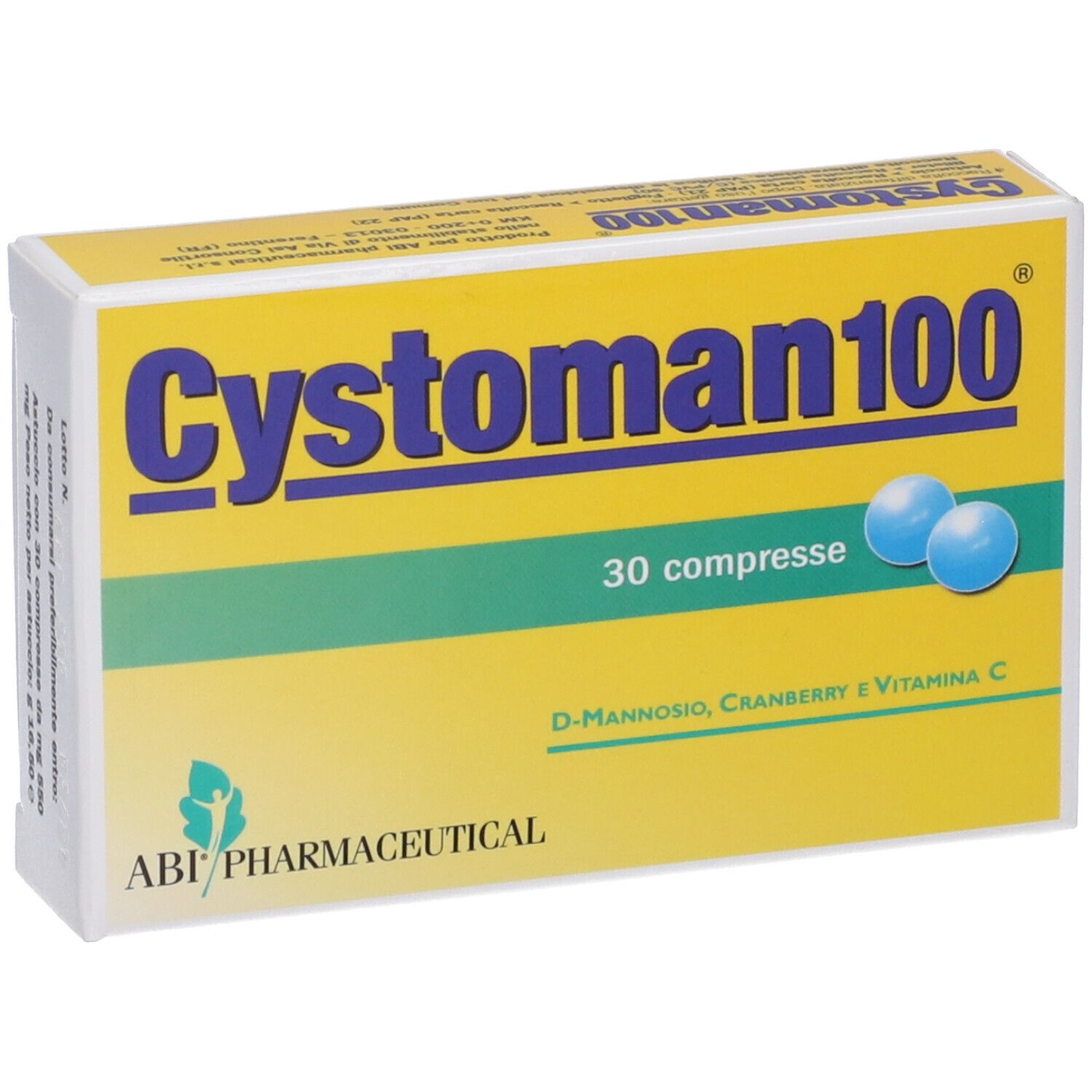 Scatola gialla con scritta blu Cystoman 100, 30 compresse. Contiene D-Mannosio, Cranberry e Vitamina C. Logo ABI Pharmaceutical.