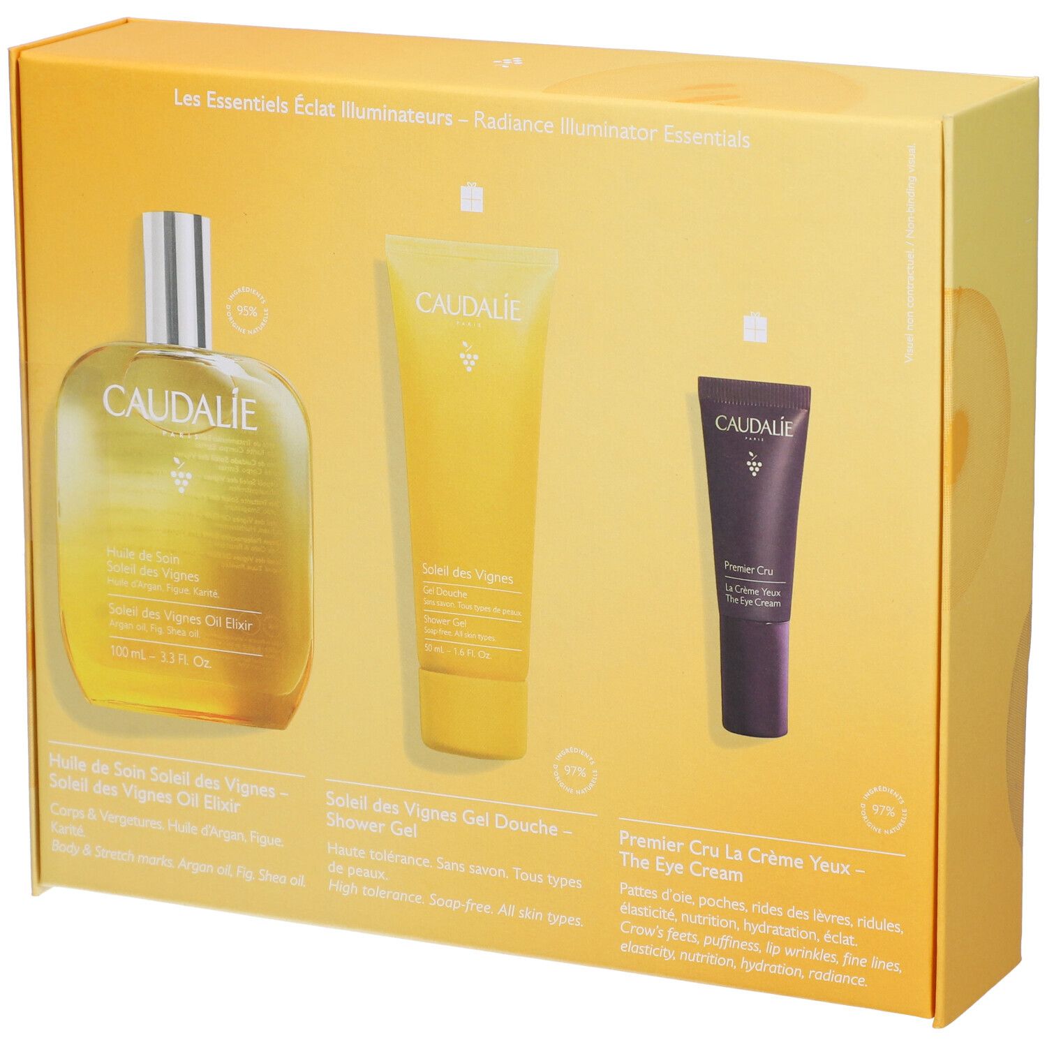 Confezione regalo con tre prodotti. Bottiglia, tubo e tubo crema occhi. Logo Caudalie e nomi dei prodotti visibili.