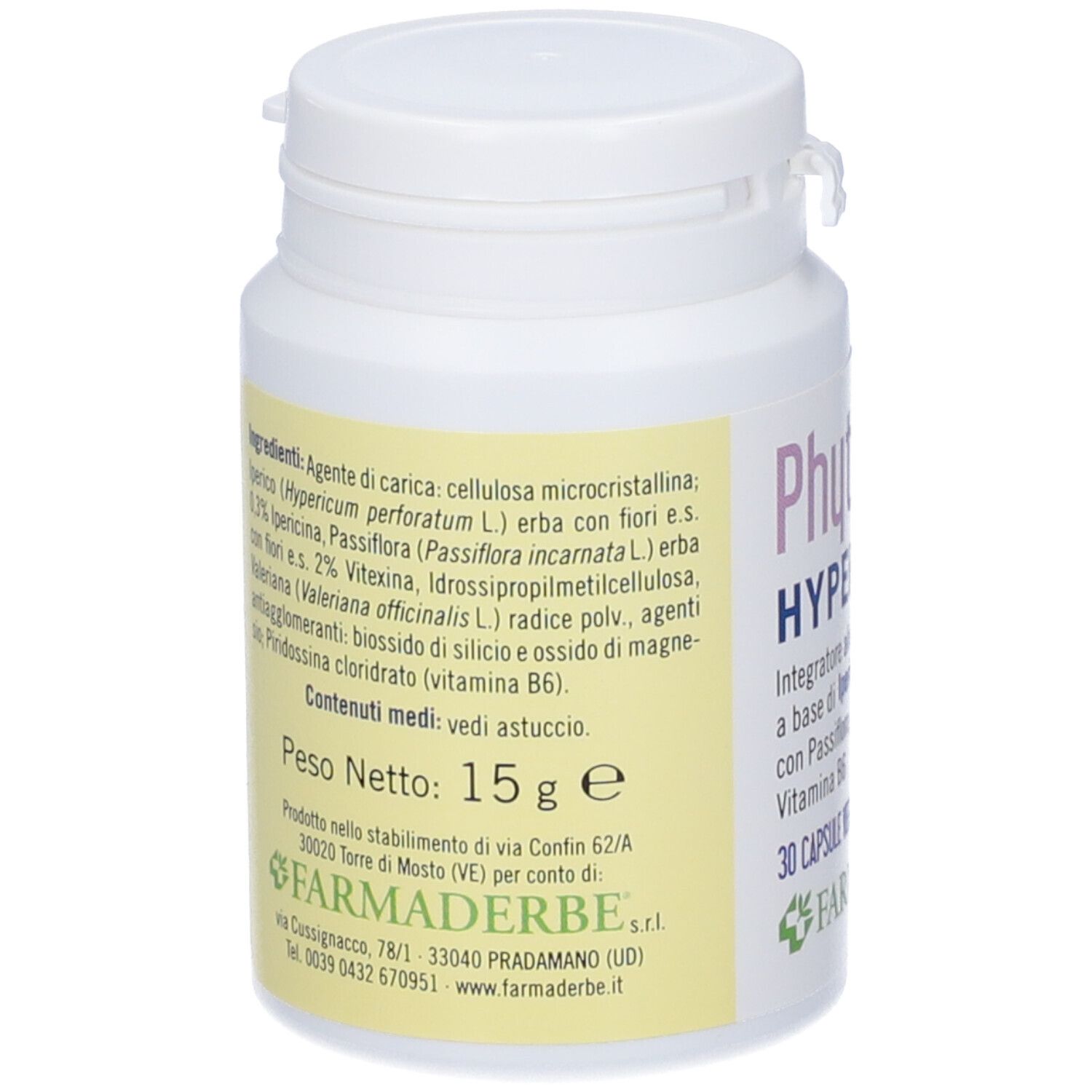 Retro del flacone bianco. Ingredienti e informazioni nutrizionali. Peso netto: 15g. Marchio: Farmaderbe.