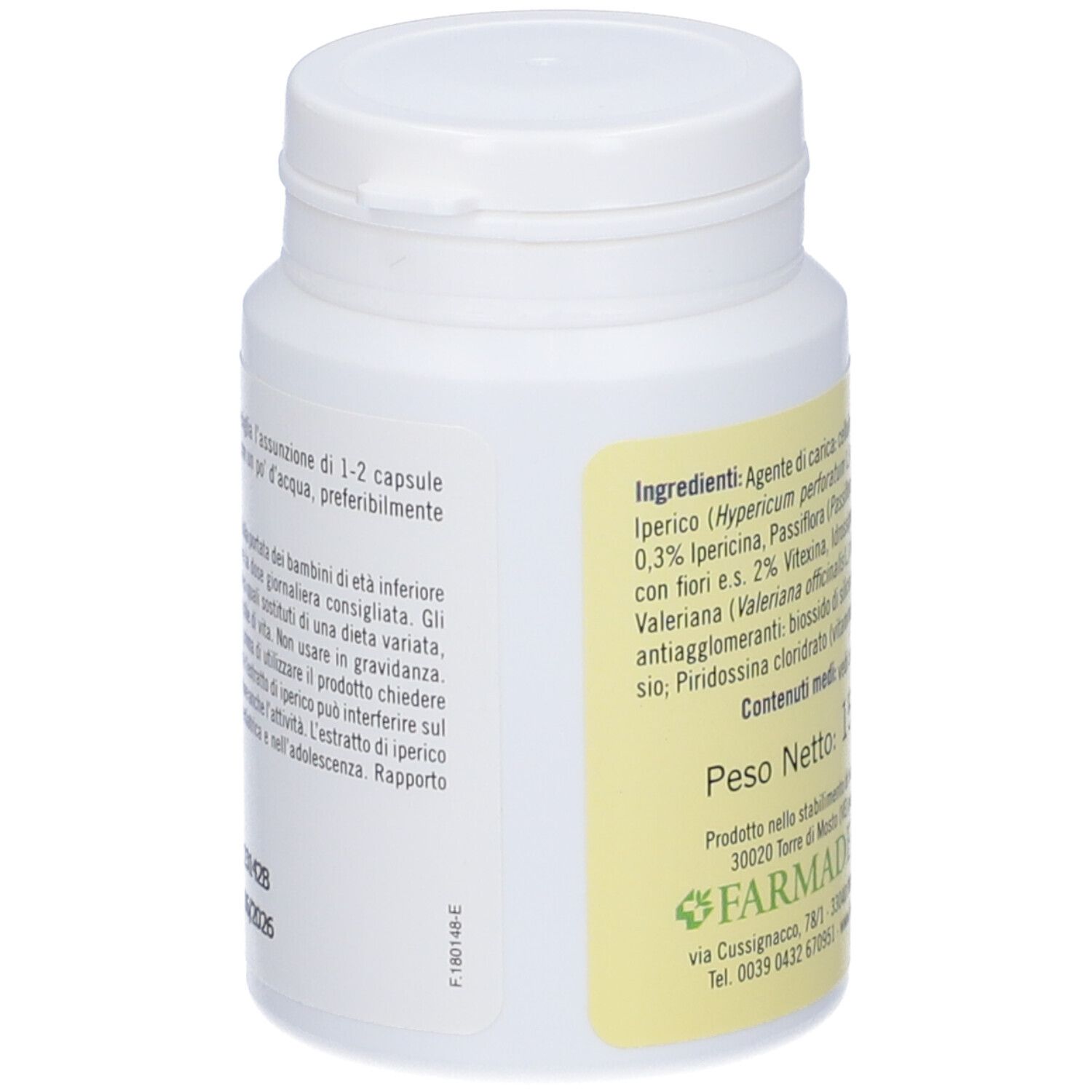 Flacone bianco di capsule, vista laterale. Testo: Ingredienti e informazioni nutrizionali. Marchio: Farmaderbe.