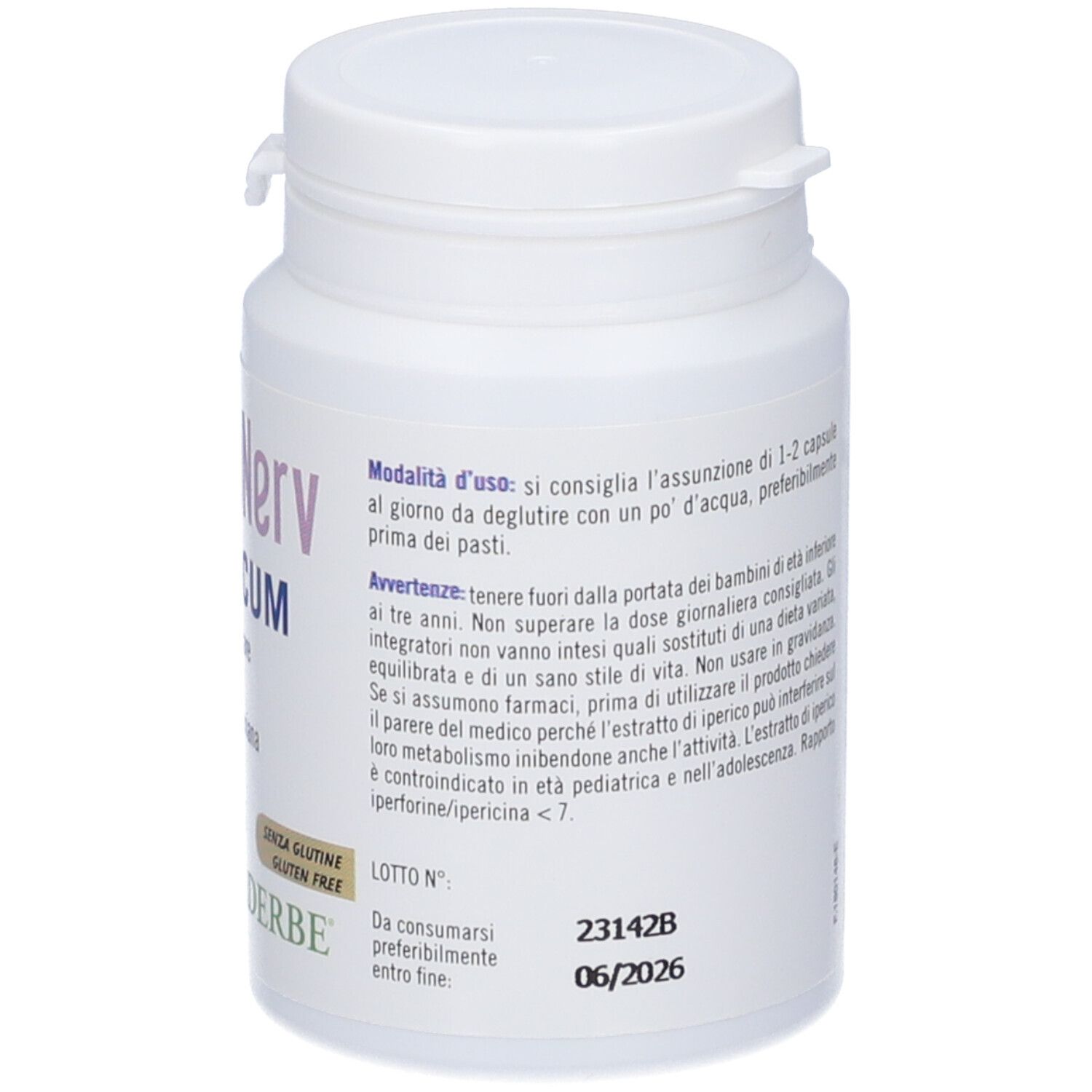 Flacone bianco di capsule, retro. Testo: Istruzioni per l'uso e avvertenze. Marchio: Farmaderbe.