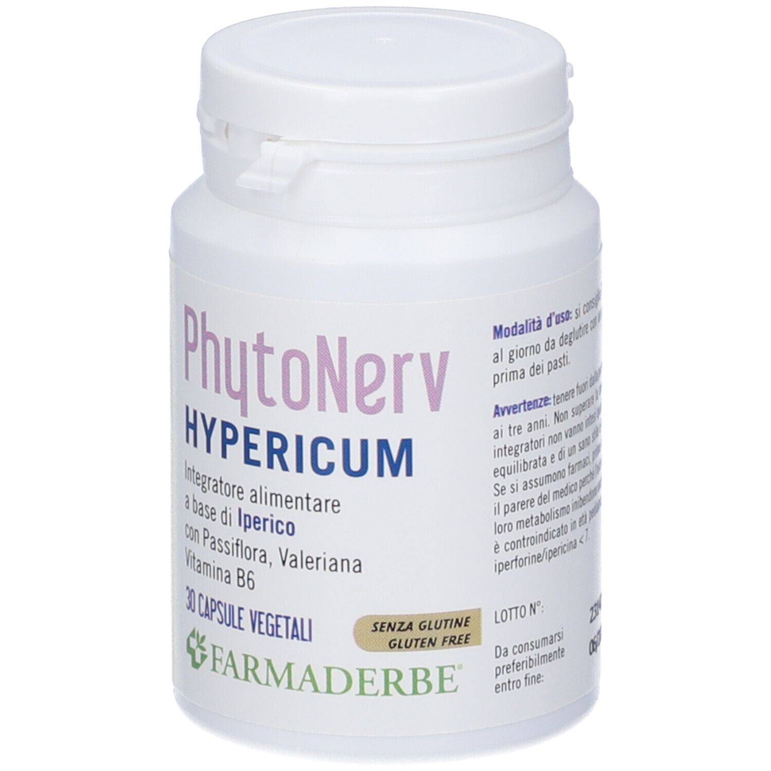 Flacone bianco di capsule. Scritta: Phytonerv Hypericum, 30 capsule. Senza glutine. Marchio: Farmaderbe.