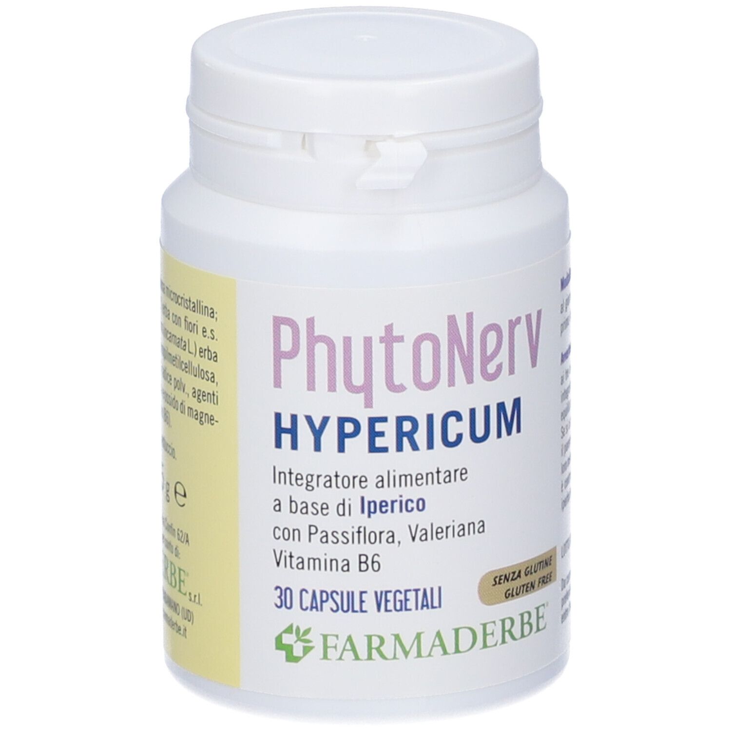 Flacone bianco di capsule. Scritta: Phytonerv Hypericum, 30 capsule. Senza glutine. Marchio: Farmaderbe.