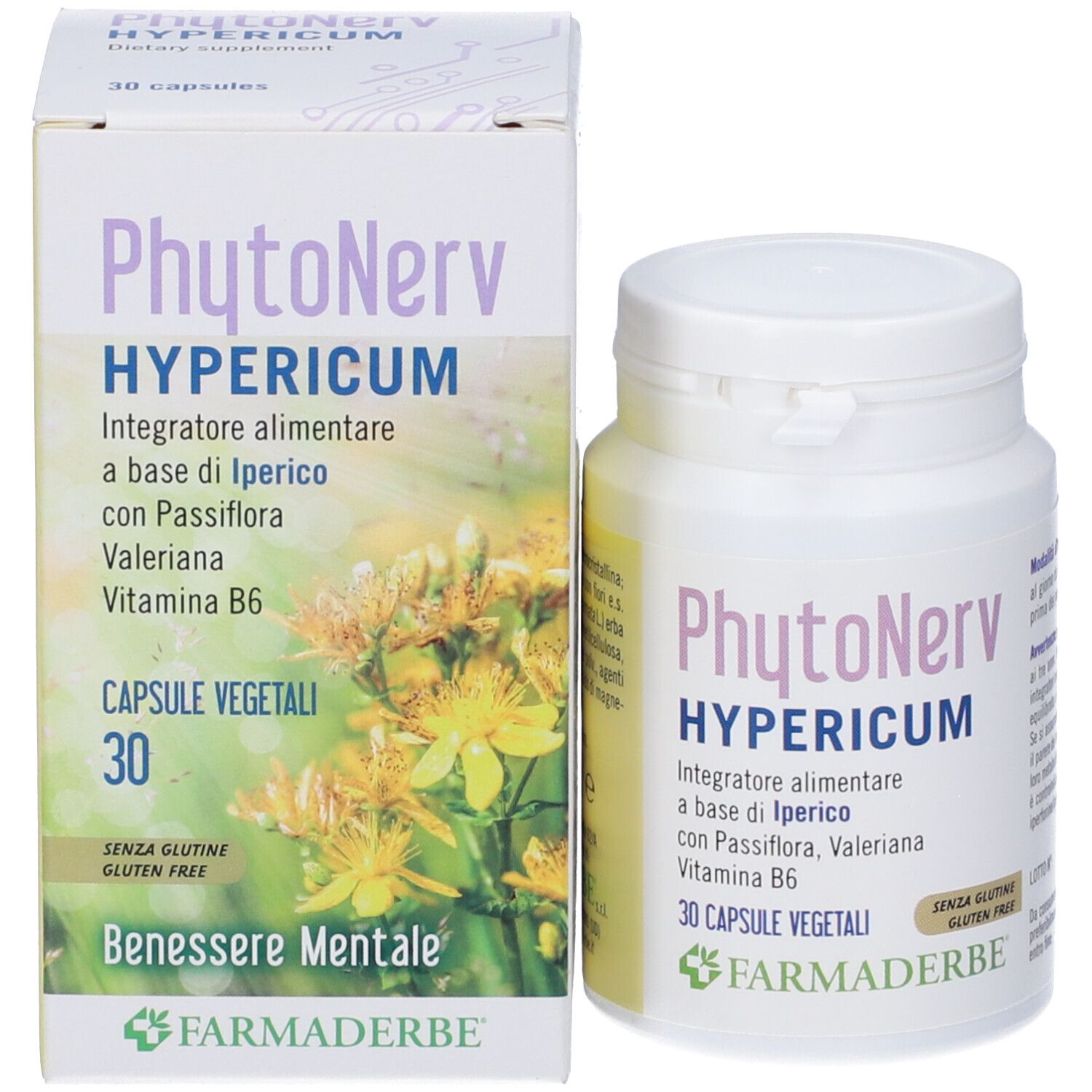 Confezione e flacone. Scritta: Phytonerv Hypericum, 30 capsule. Senza glutine. Marchio: Farmaderbe.